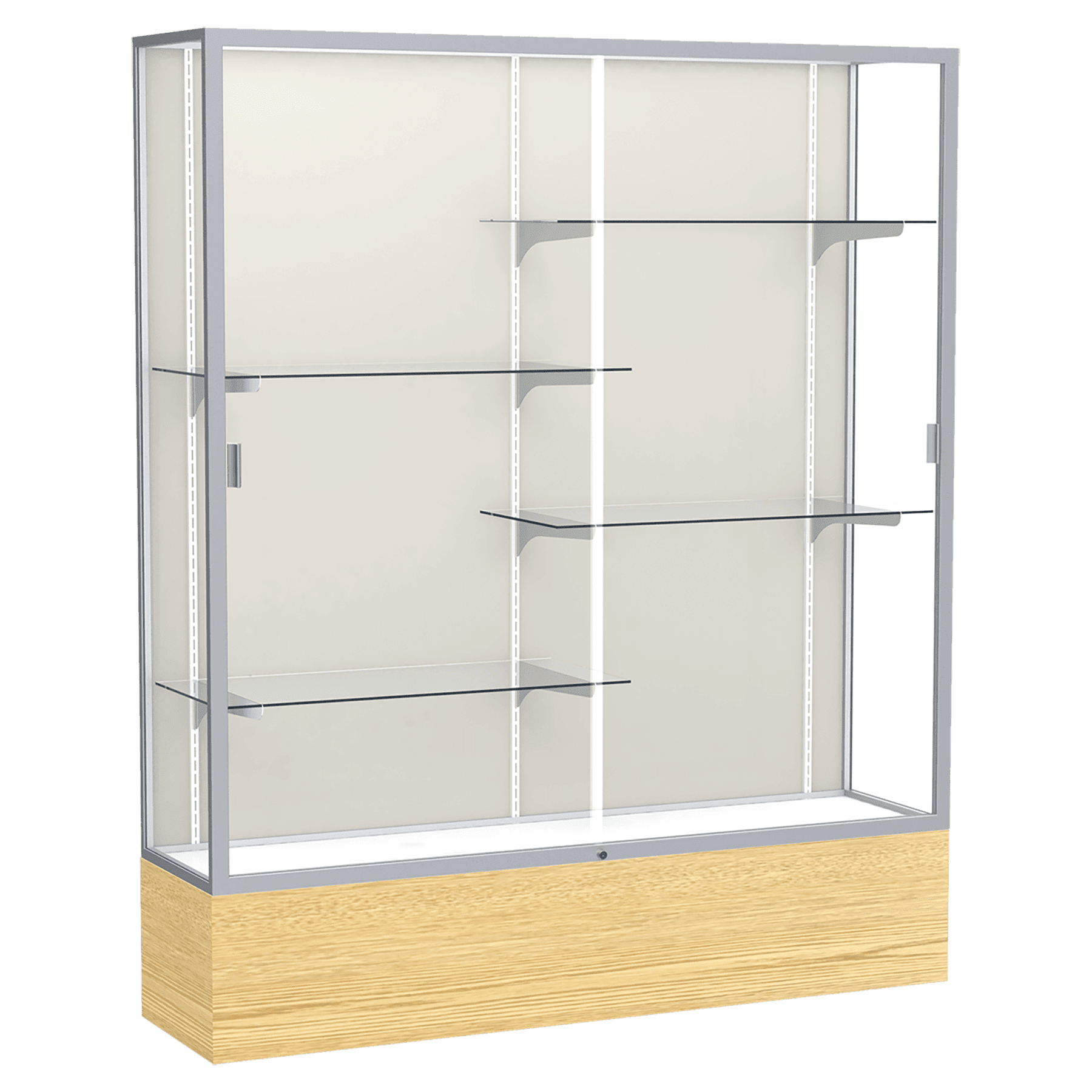 72"H x 60"W x 16"D Light Oak Vinyl Finish, Plaque Fabric Back, Satin Natural Aluminum Frame, Reliant Display Case