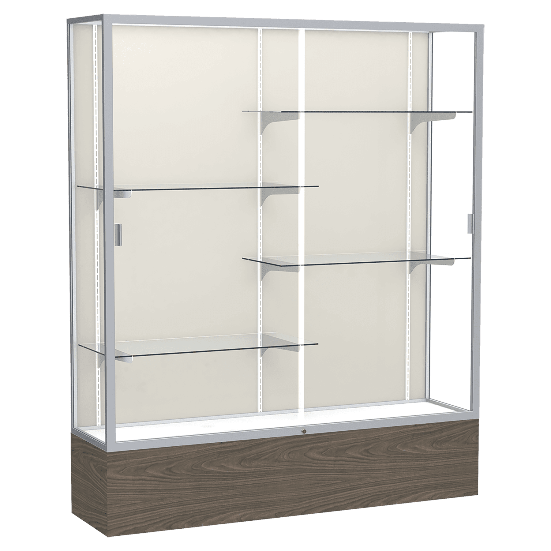 72"H x 60"W x 16"D Walnut Vinyl Finish, Plaque Fabric Back, Satin Natural Aluminum Frame, Reliant Display Case