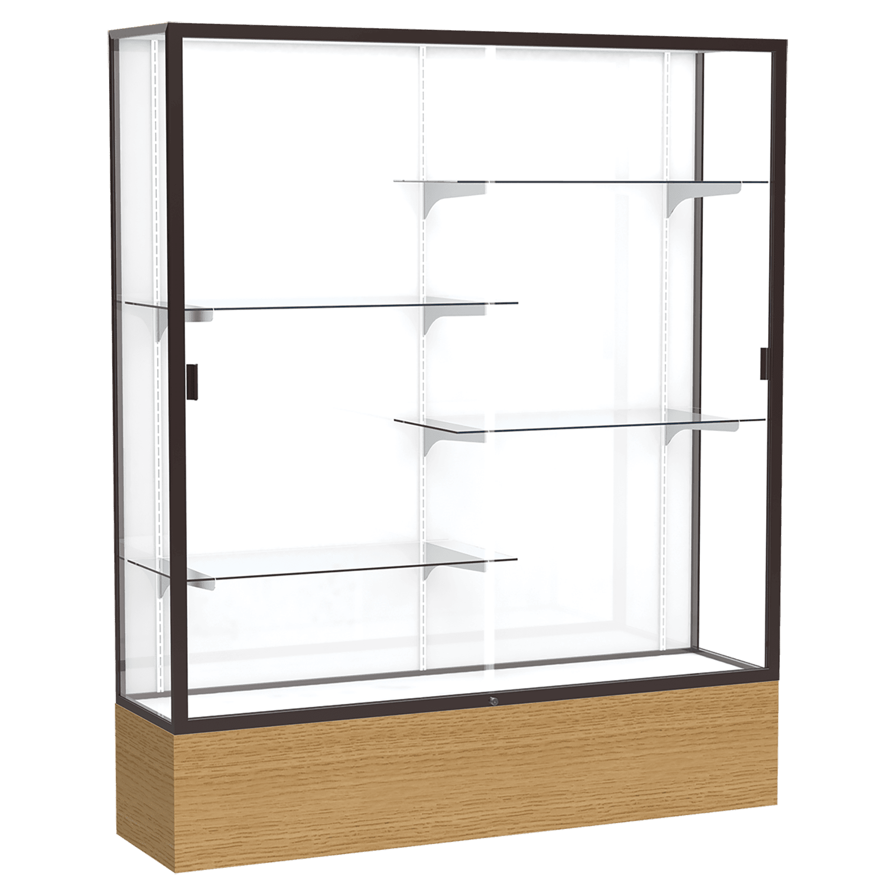 72"H x 60"W x 16"D Natural Oak Finish, White Laminate Back, Dark Bronze Aluminum Frame, Reliant Display Case