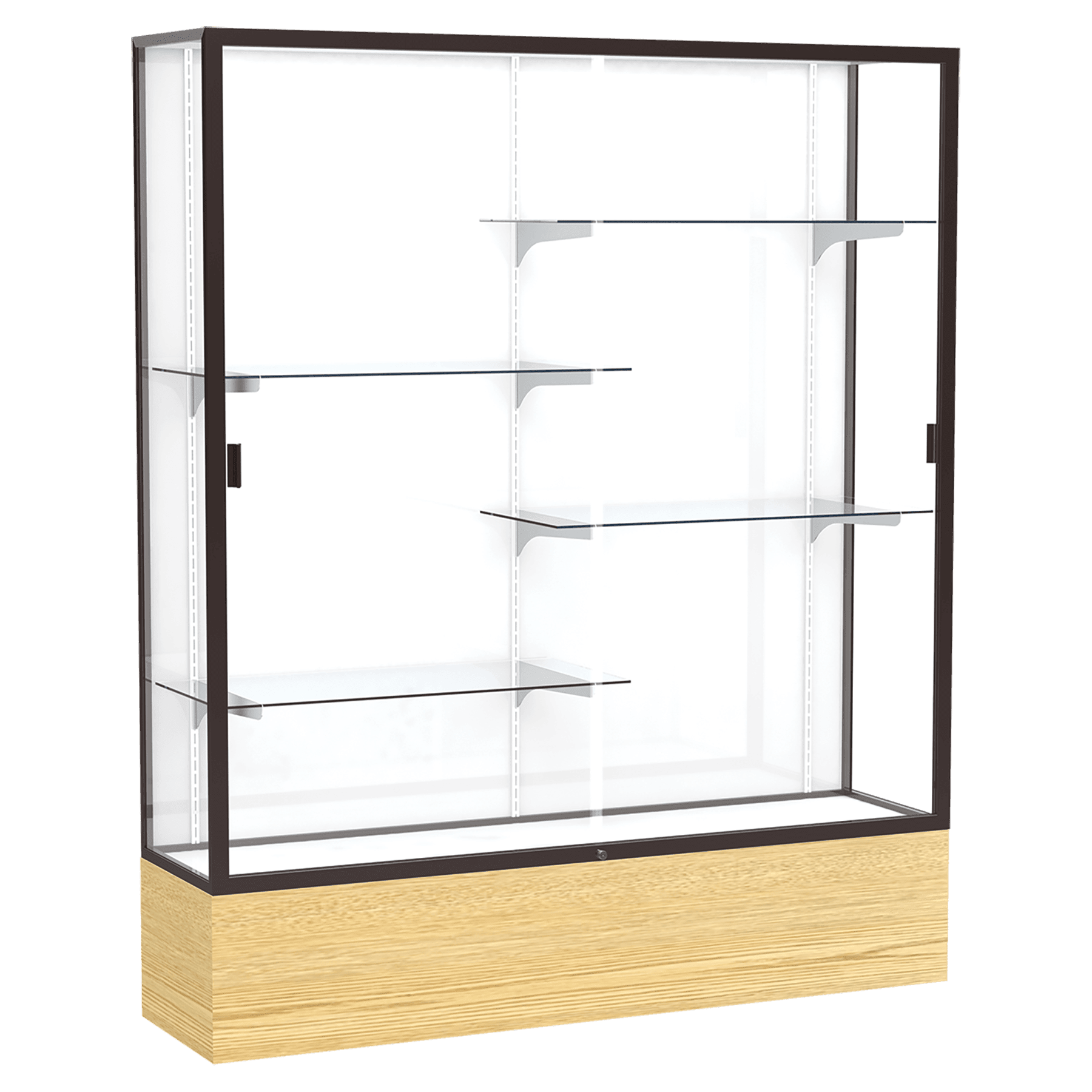 72"H x 60"W x 16"D Light Oak Vinyl Finish, White Laminate Back, Dark Bronze Aluminum Frame, Reliant Display Case