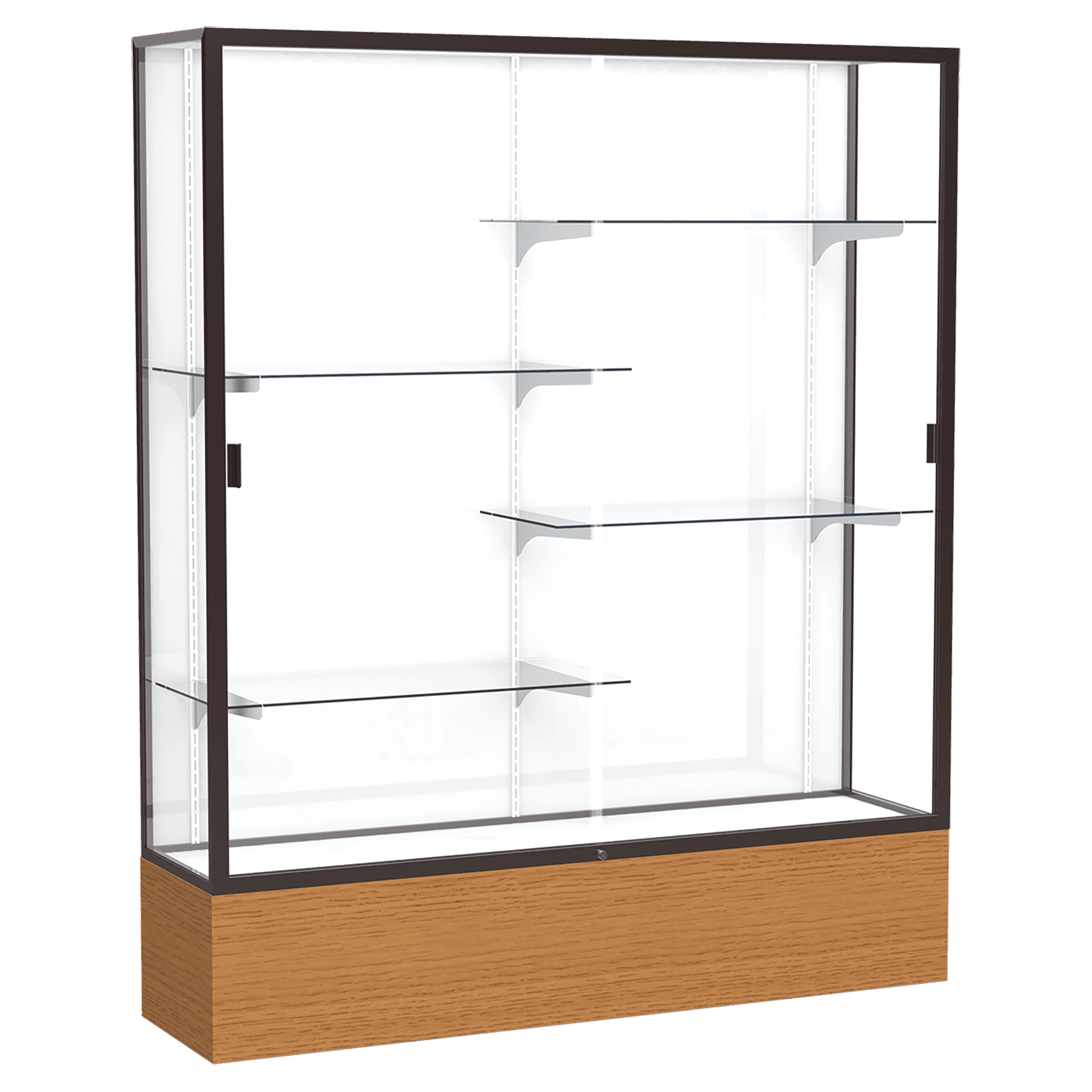 72"H x 60"W x 16"D Carmel Oak Finish, White Laminate Back, Dark Bronze Aluminum Frame, Reliant Display Case