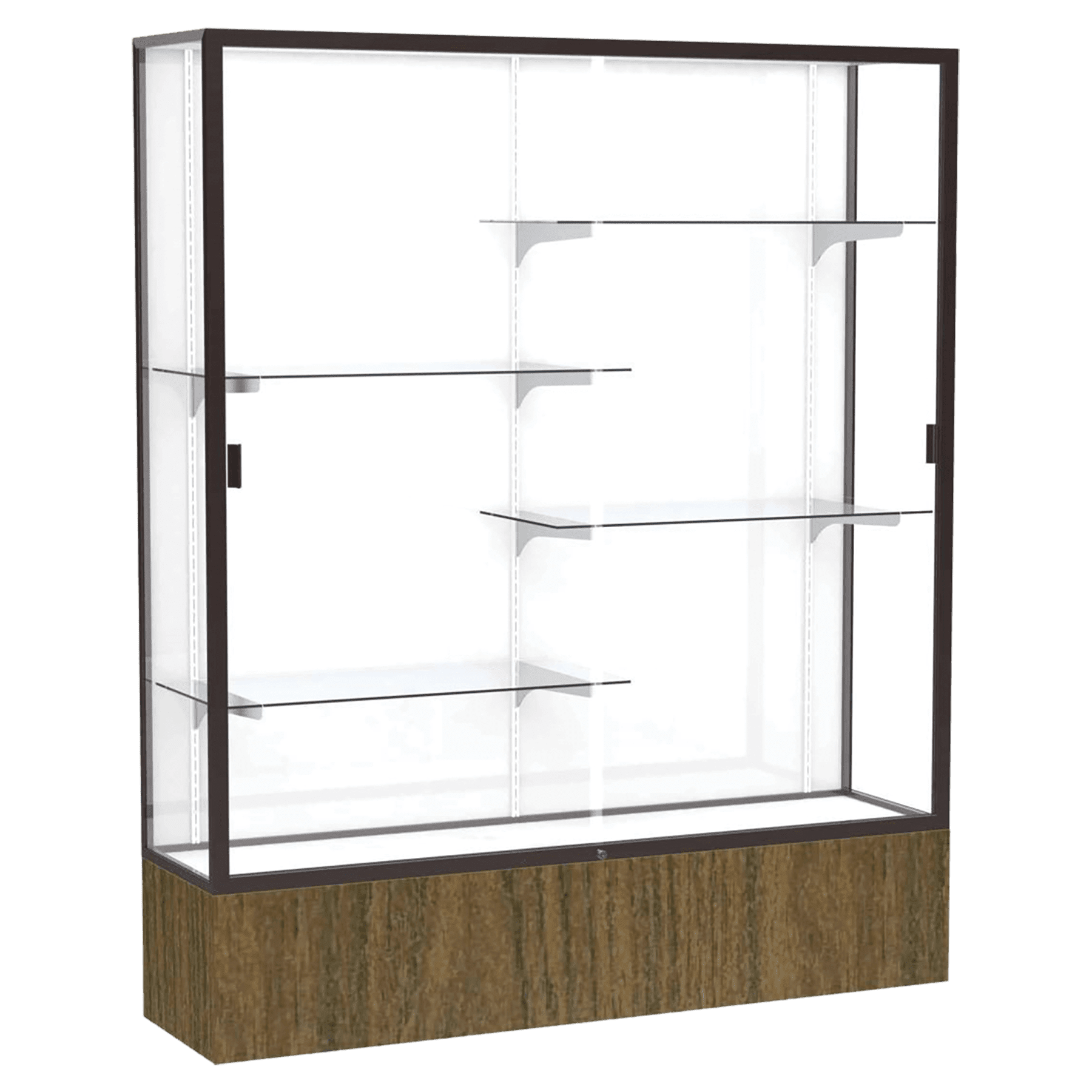 72"H x 60"W x 16"D Walnut Vinyl Finish, White Laminate Back, Dark Bronze Aluminum Frame, Reliant Display Case
