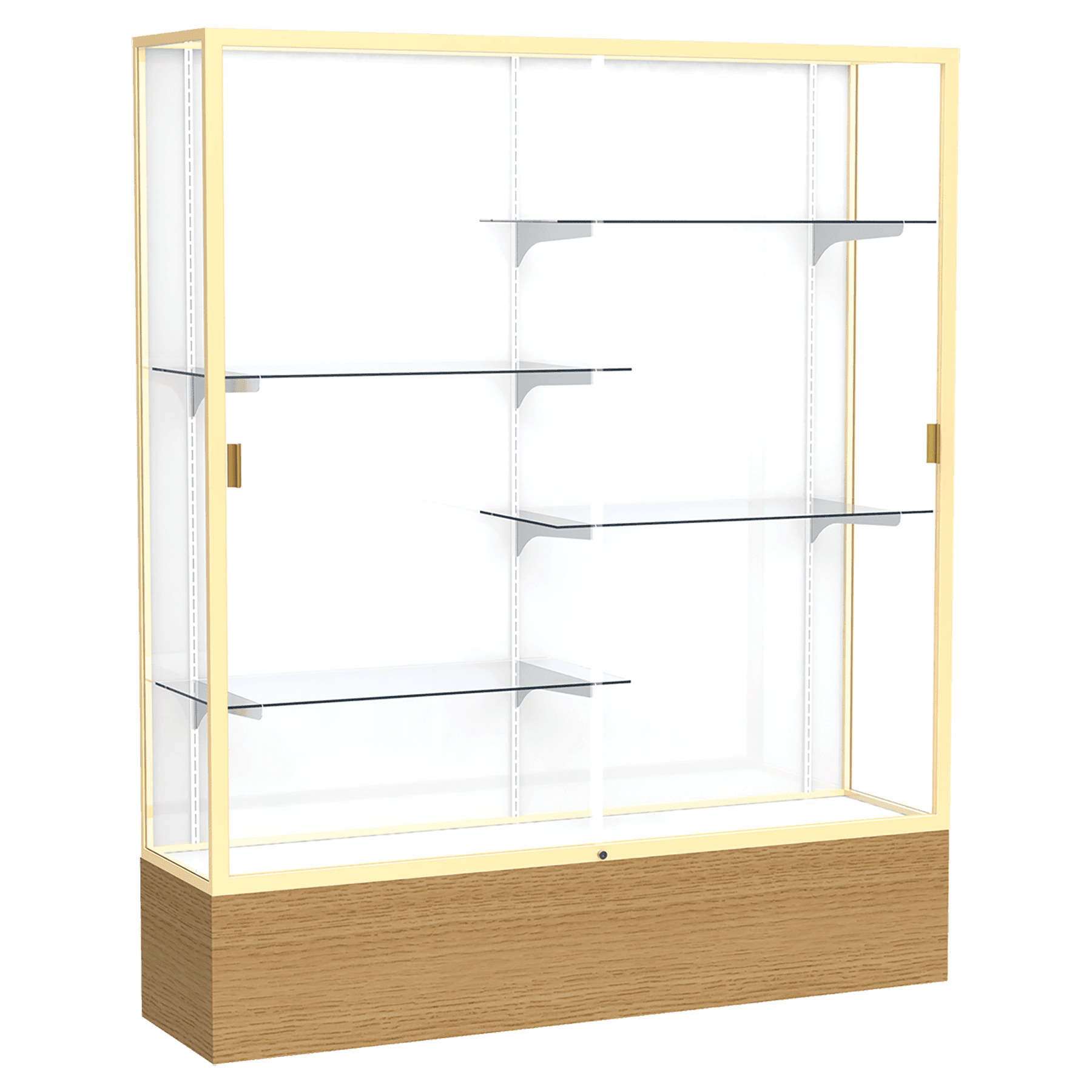 72"H x 60"W x 16"D Natural Oak Finish, White Laminate Back, Champagne Aluminum Frame, Reliant Display Case