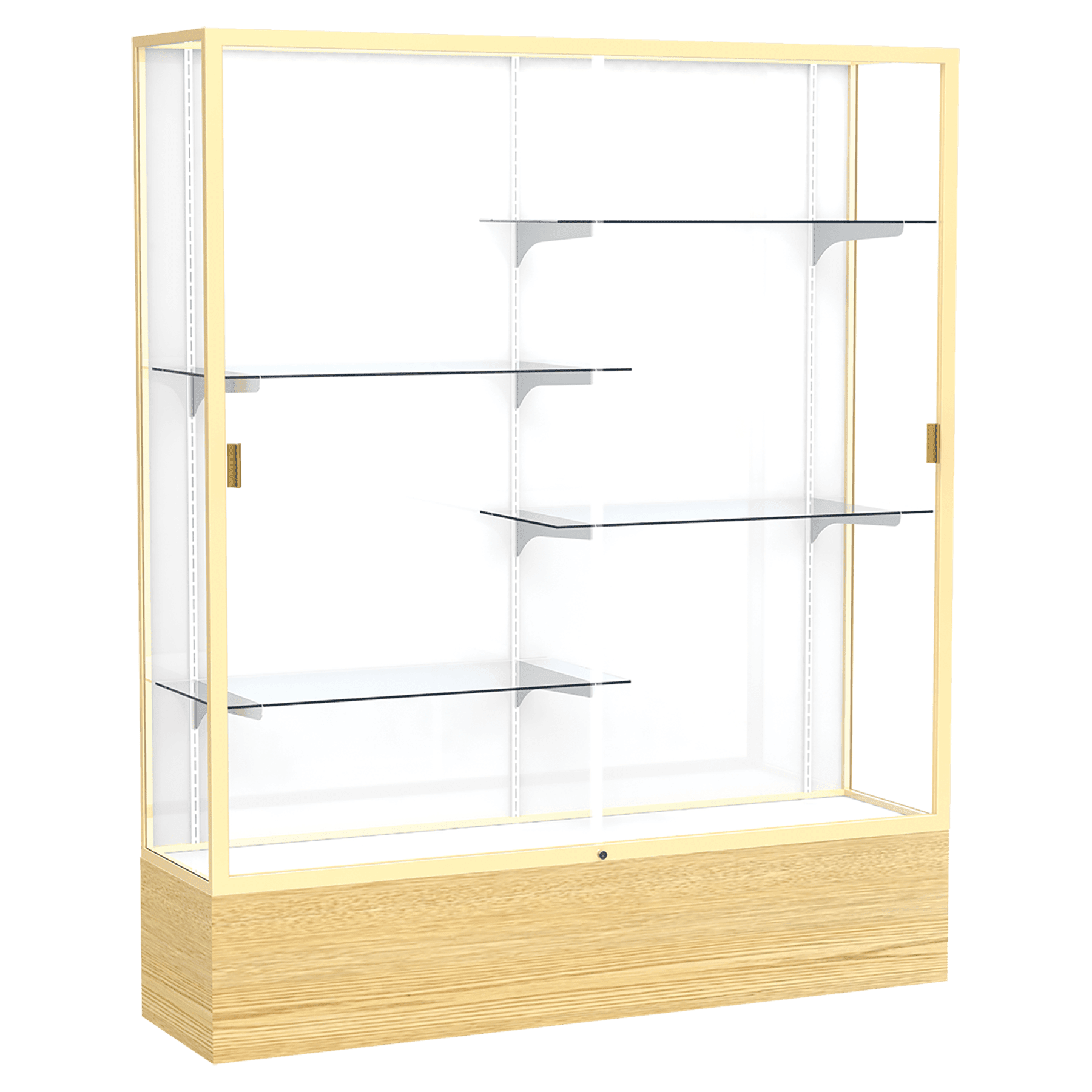 72"H x 60"W x 16"D Light Oak Vinyl Finish, White Laminate Back, Champagne Aluminum Frame, Reliant Display Case
