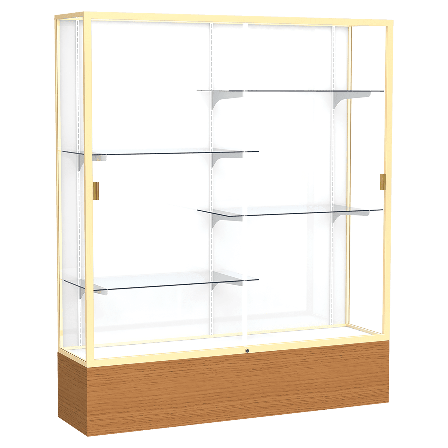 72"H x 60"W x 16"D Carmel Oak Finish, White Laminate Back, Champagne Aluminum Frame, Reliant Display Case