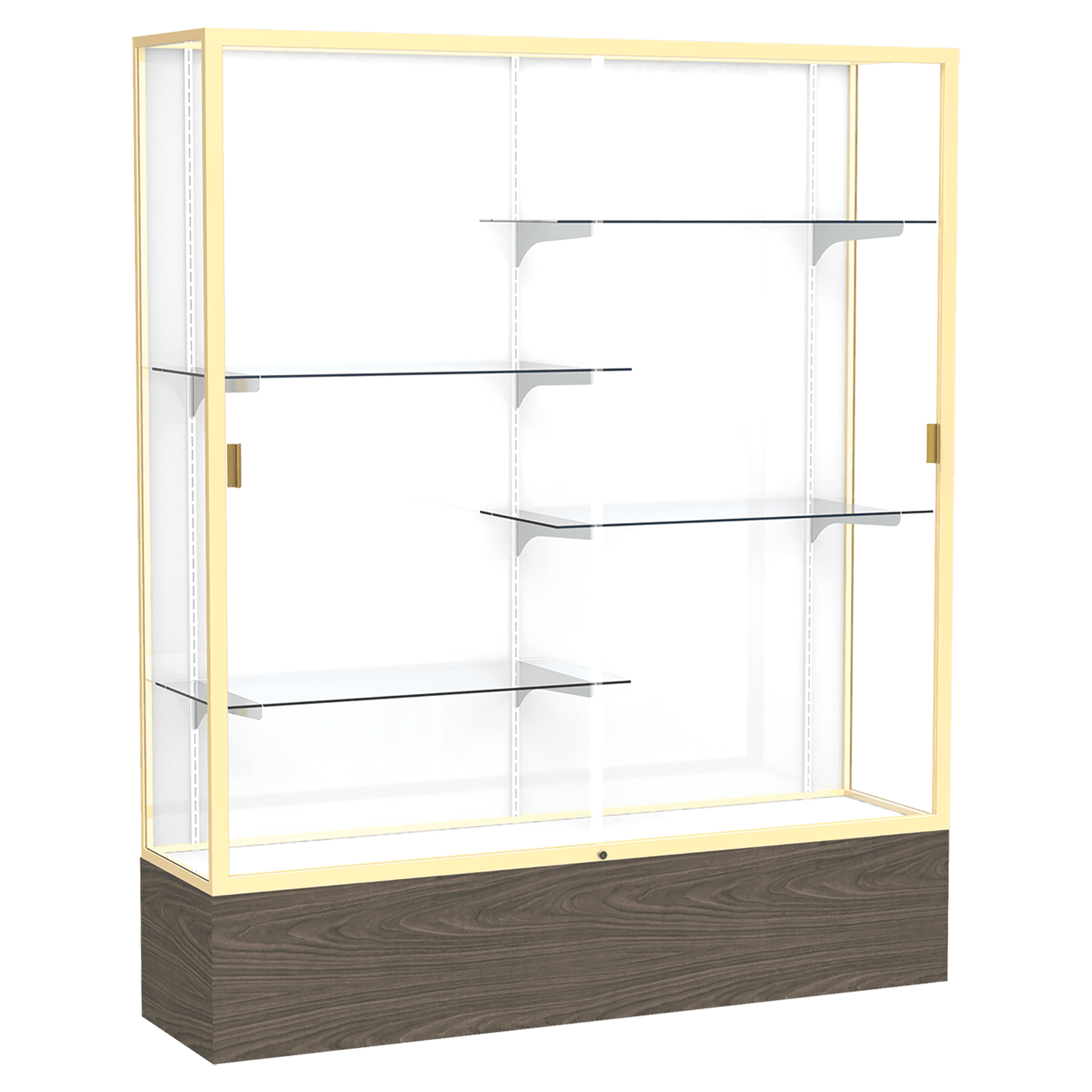 72"H x 60"W x 16"D Walnut Vinyl Finish, White Laminate Back, Champagne Aluminum Frame, Reliant Display Case