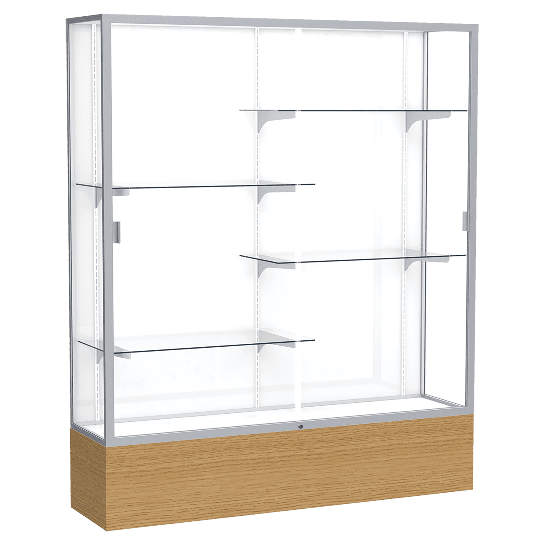 72"H x 60"W x 16"D Natural Oak Finish, White Laminate Back, Satin Natural Aluminum Frame, Reliant Display Case
