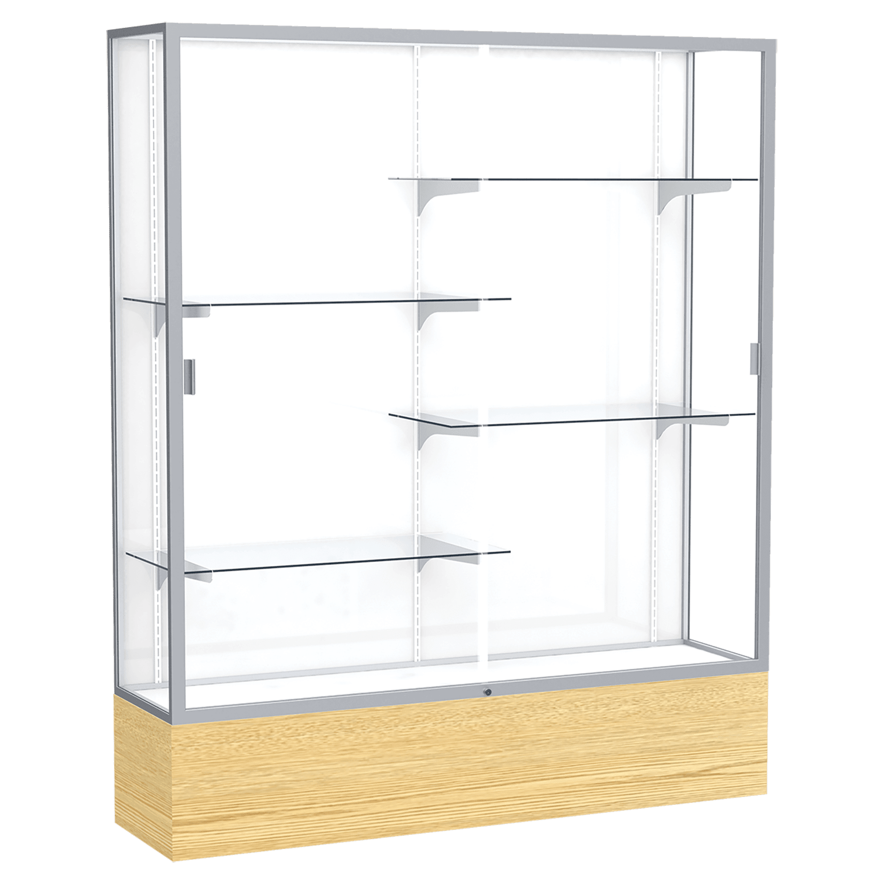 72"H x 60"W x 16"D Light Oak Vinyl Finish, White Laminate Back, Satin Natural Aluminum Frame, Reliant Display Case