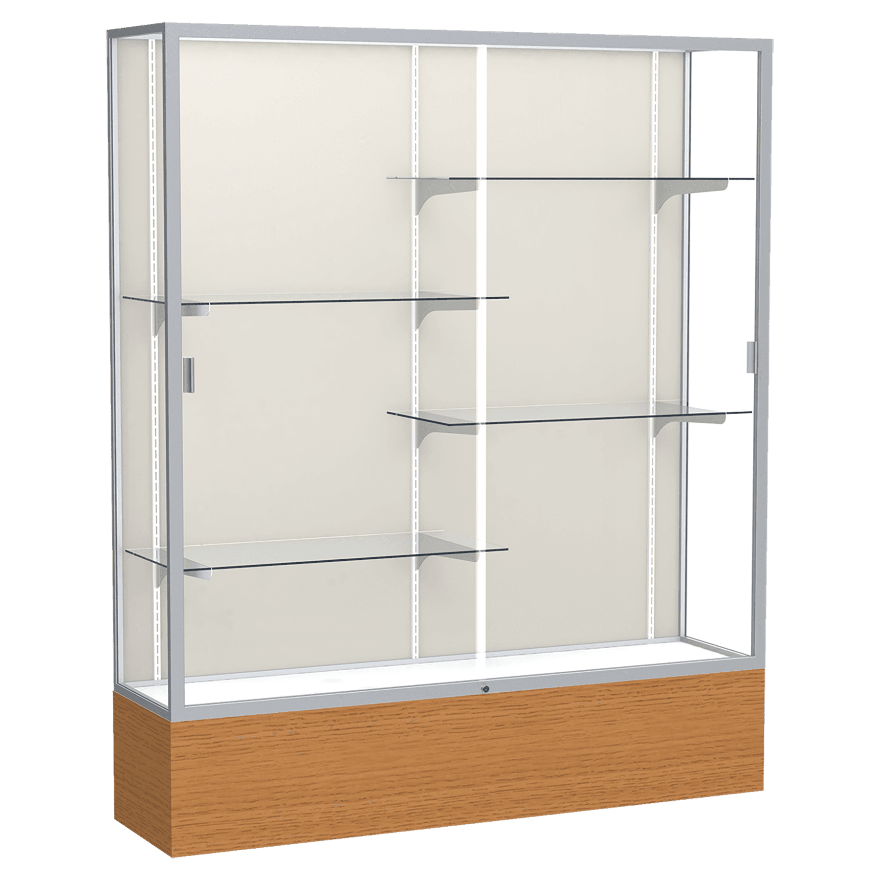 72"H x 60"W x 16"D Carmel Oak Finish, White Laminate Back, Satin Natural Aluminum Frame, Reliant Display Case