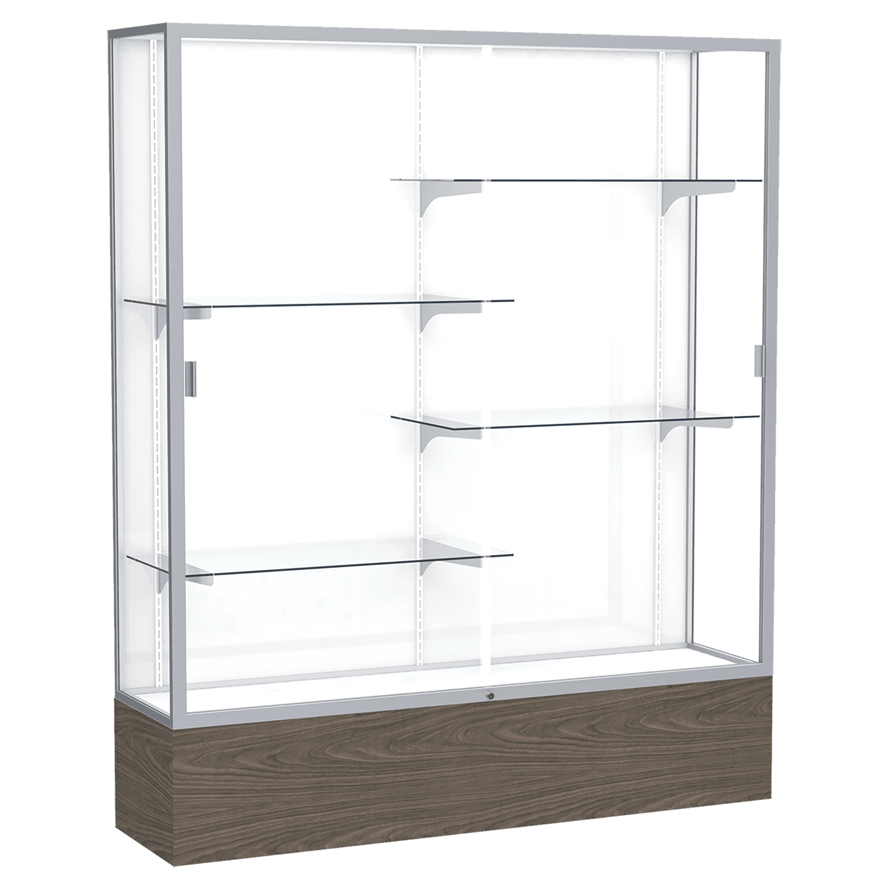72"H x 60"W x 16"D Walnut Vinyl Finish, White Laminate Back, Satin Natural Aluminum Frame, Reliant Display Case