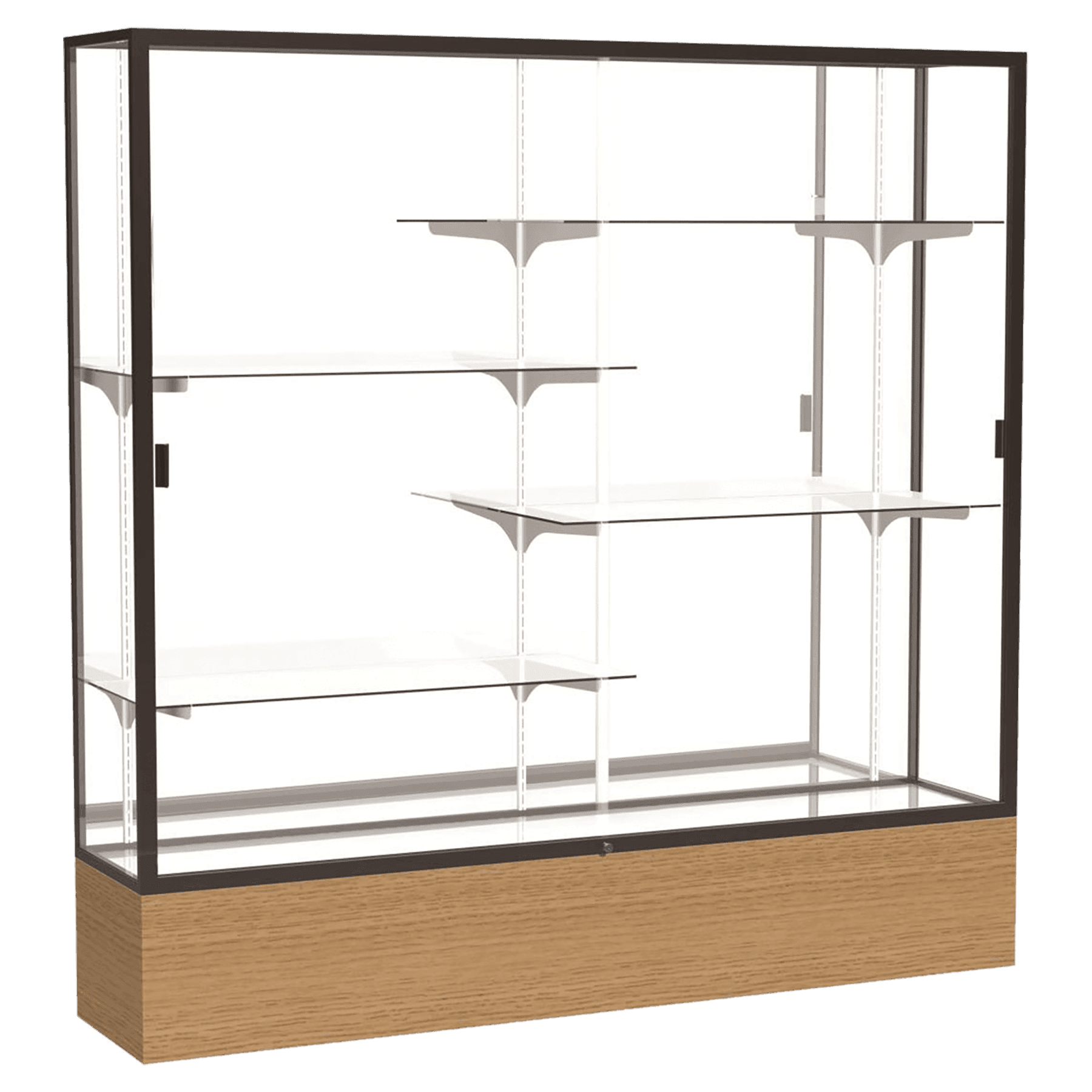 72"H x 72"W x 16"D Natural Oak Finish, Mirror Back, Dark Bronze Aluminum Frame, Reliant Display Case