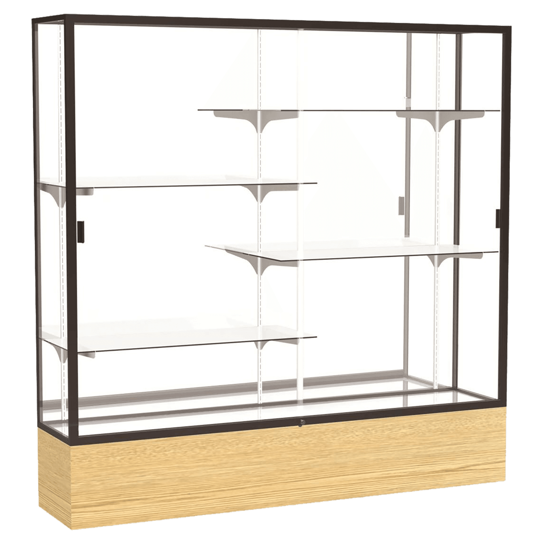 72"H x 72"W x 16"D Light Oak Vinyl Finish, Mirror Back, Dark Bronze Aluminum Frame, Reliant Display Case