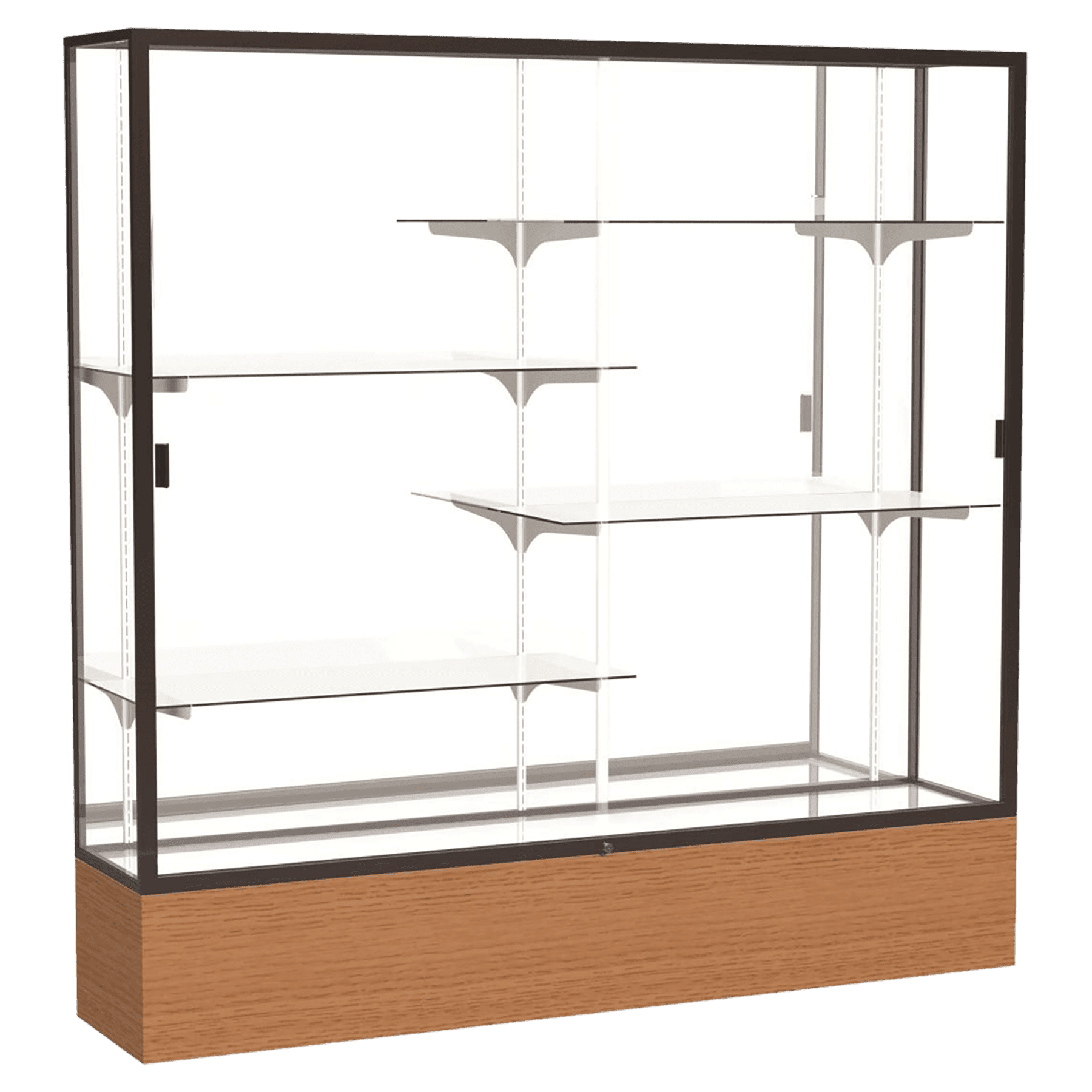 72"H x 72"W x 16"D Carmel Oak Finish, Mirror Back, Dark Bronze Aluminum Frame, Reliant Display Case