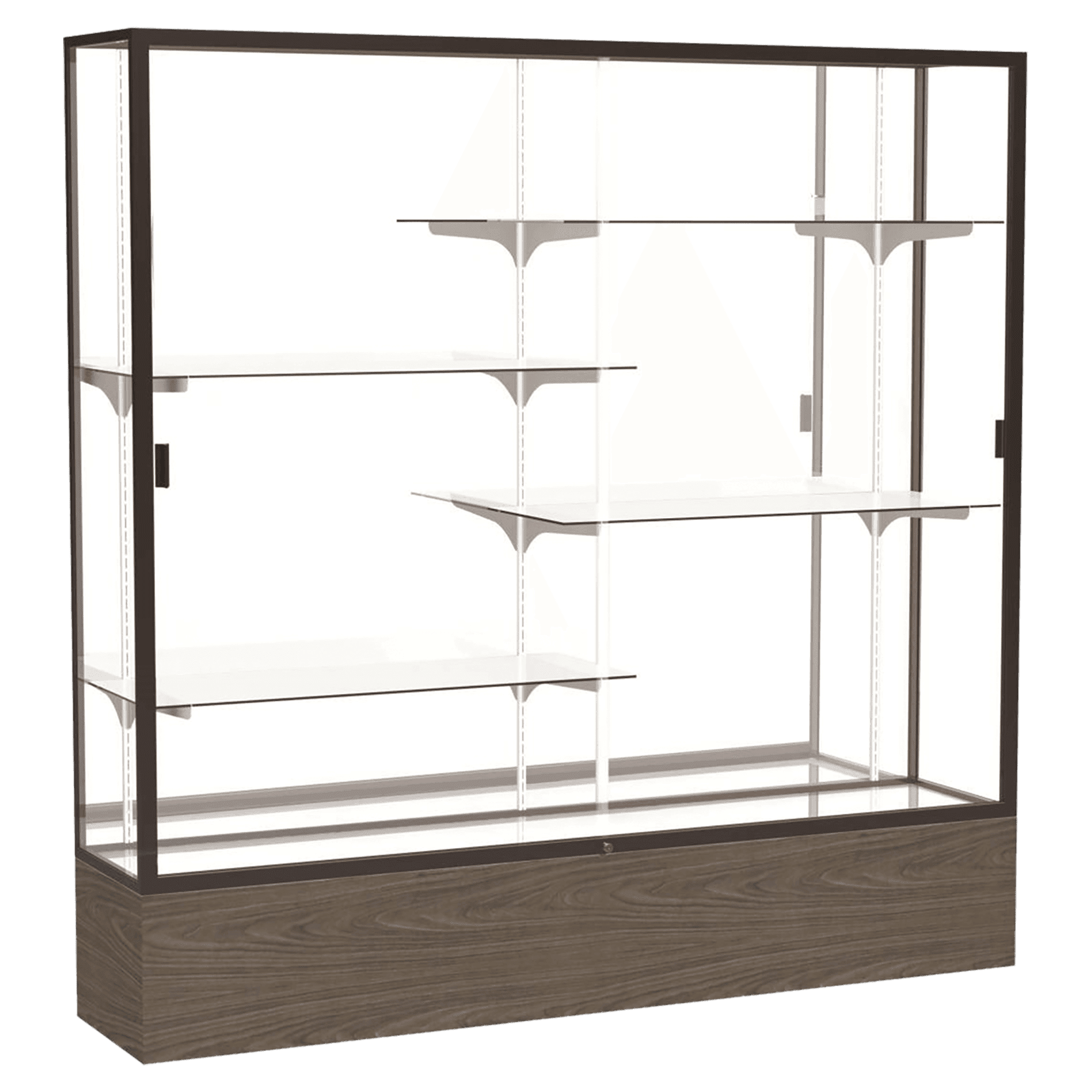 72"H x 72"W x 16"D Walnut Vinyl Finish, Mirror Back, Dark Bronze Aluminum Frame, Reliant Display Case