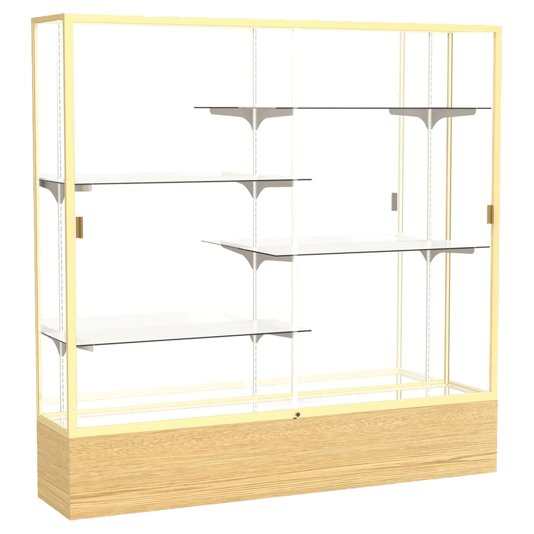 72"H x 72"W x 16"D Carmel Oak Finish, Mirror Back, Champagne Aluminum Frame, Reliant Display Case