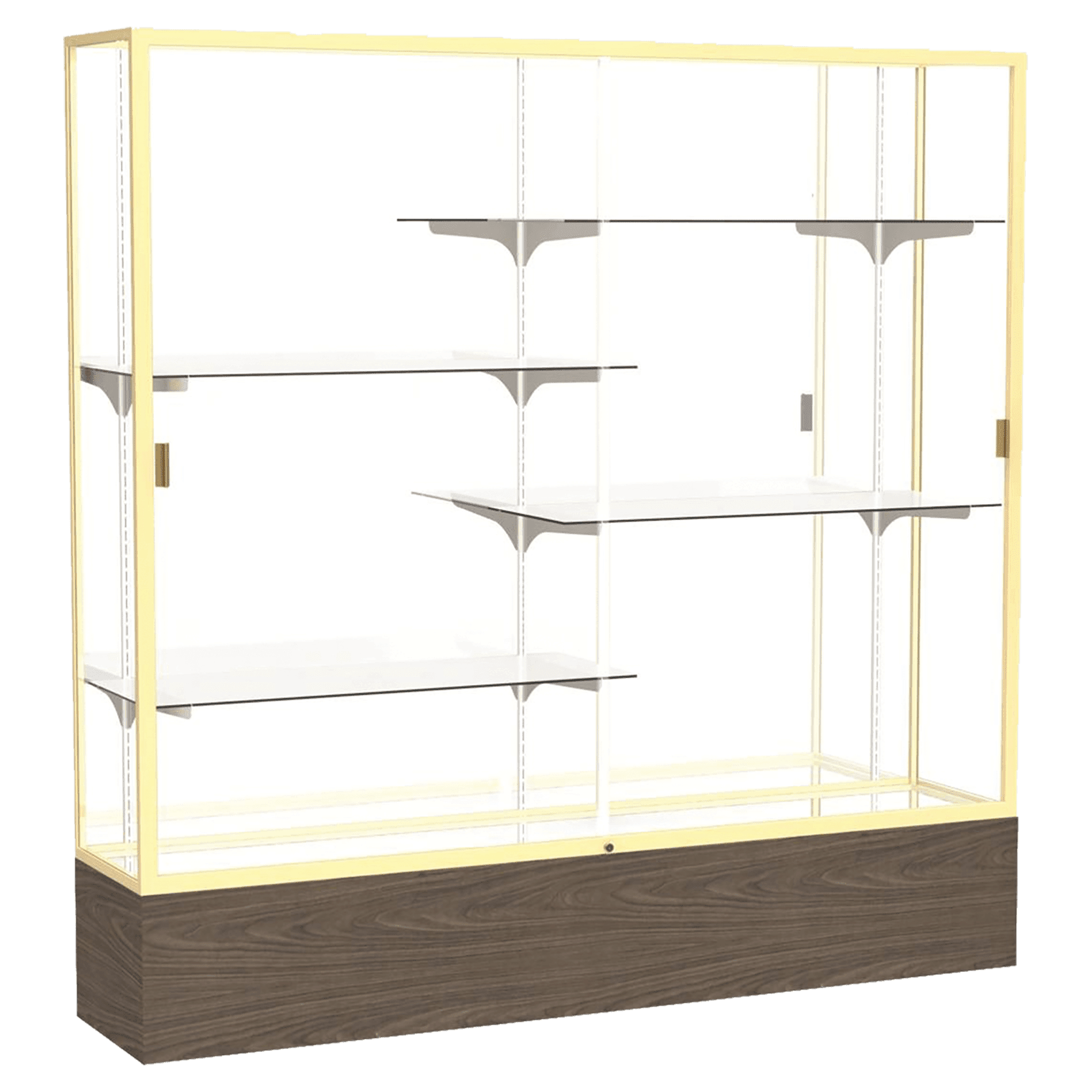 72"H x 72"W x 16"D Walnut Vinyl Finish, Mirror Back, Champagne Aluminum Frame, Reliant Display Case