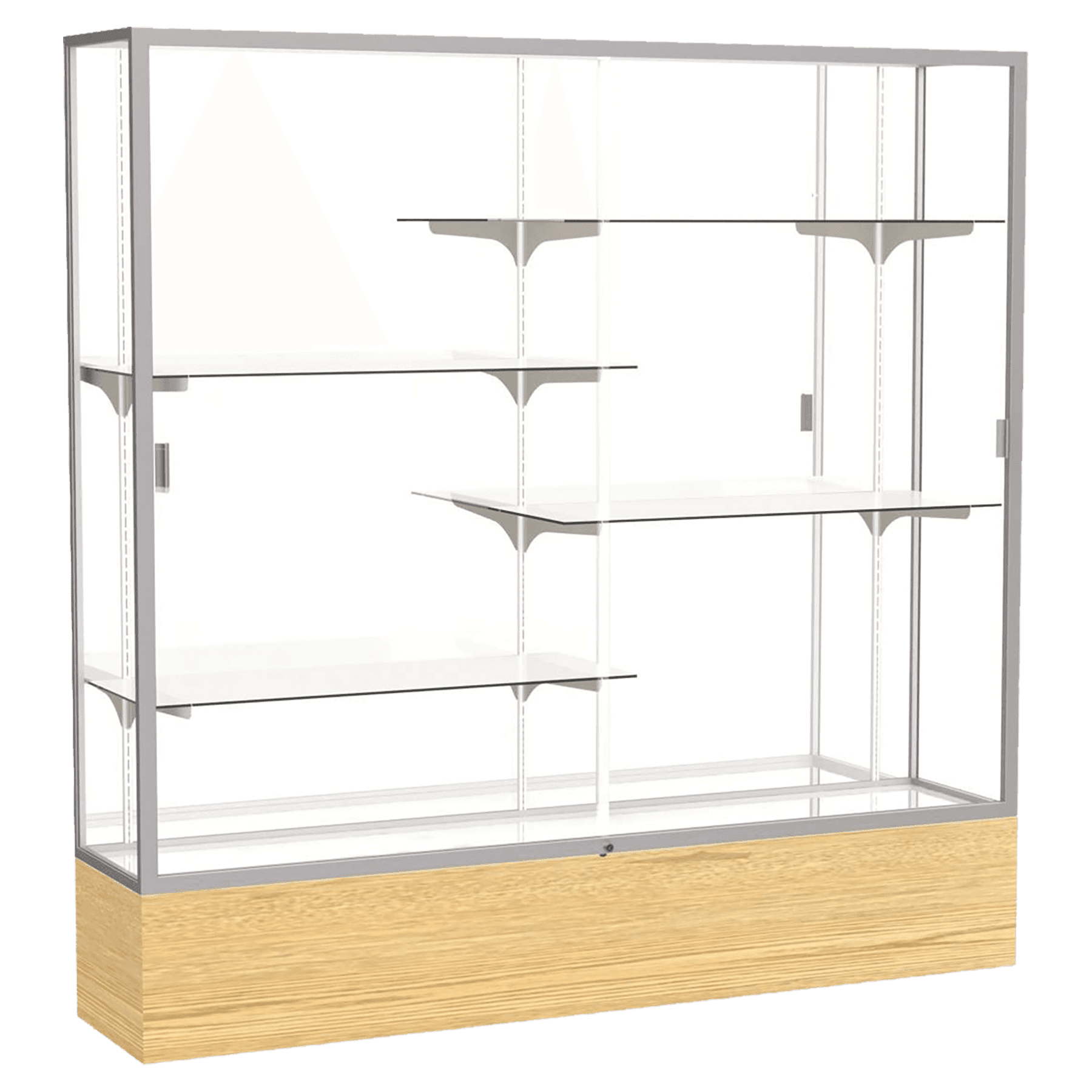 72"H x 72"W x 16"D Light Oak Vinyl Finish, Mirror Back, Satin Natural Aluminum Frame, Reliant Display Case