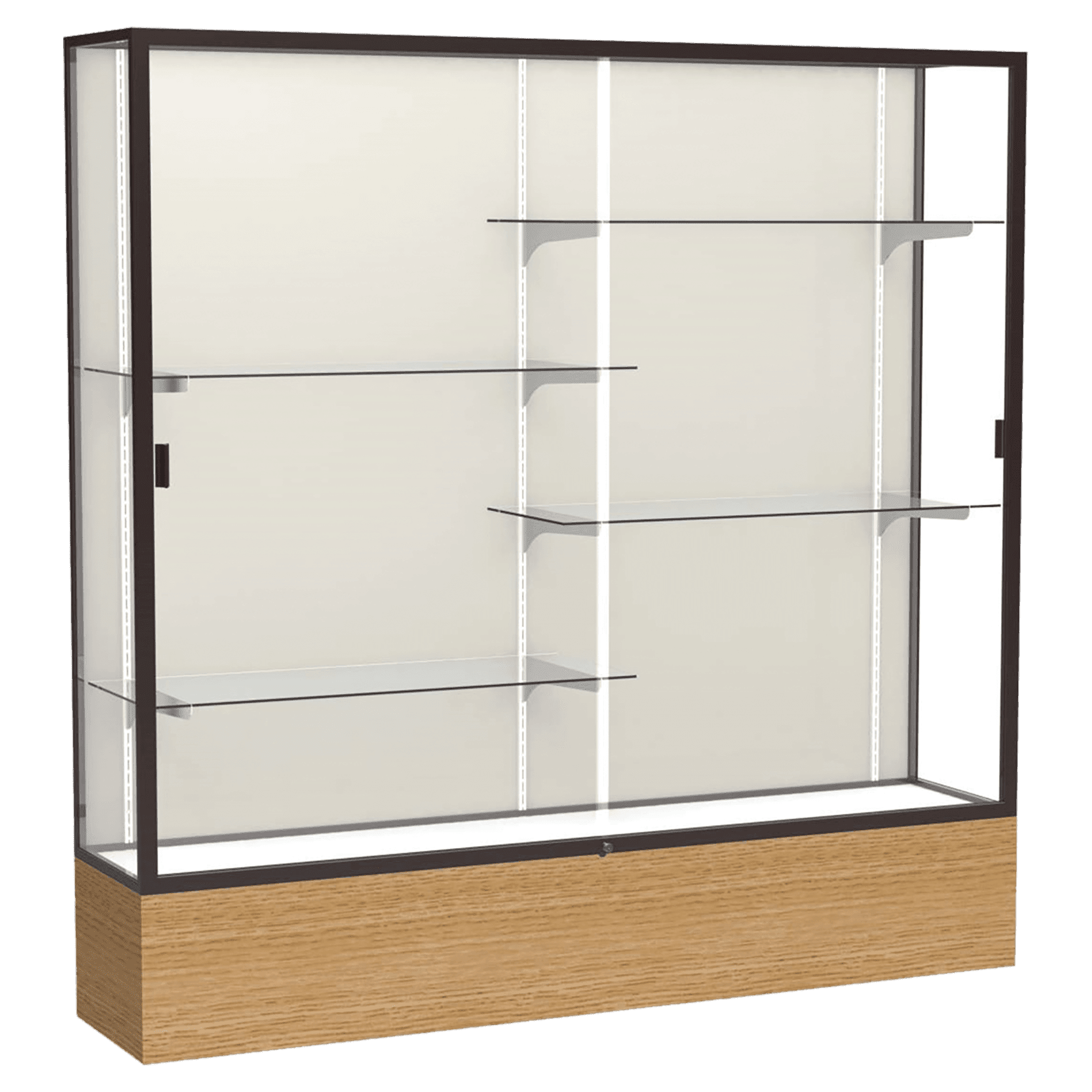 72"H x 72"W x 16"D Natural Oak Finish, Plaque Fabric Back, Dark Bronze Aluminum Frame, Reliant Display Case