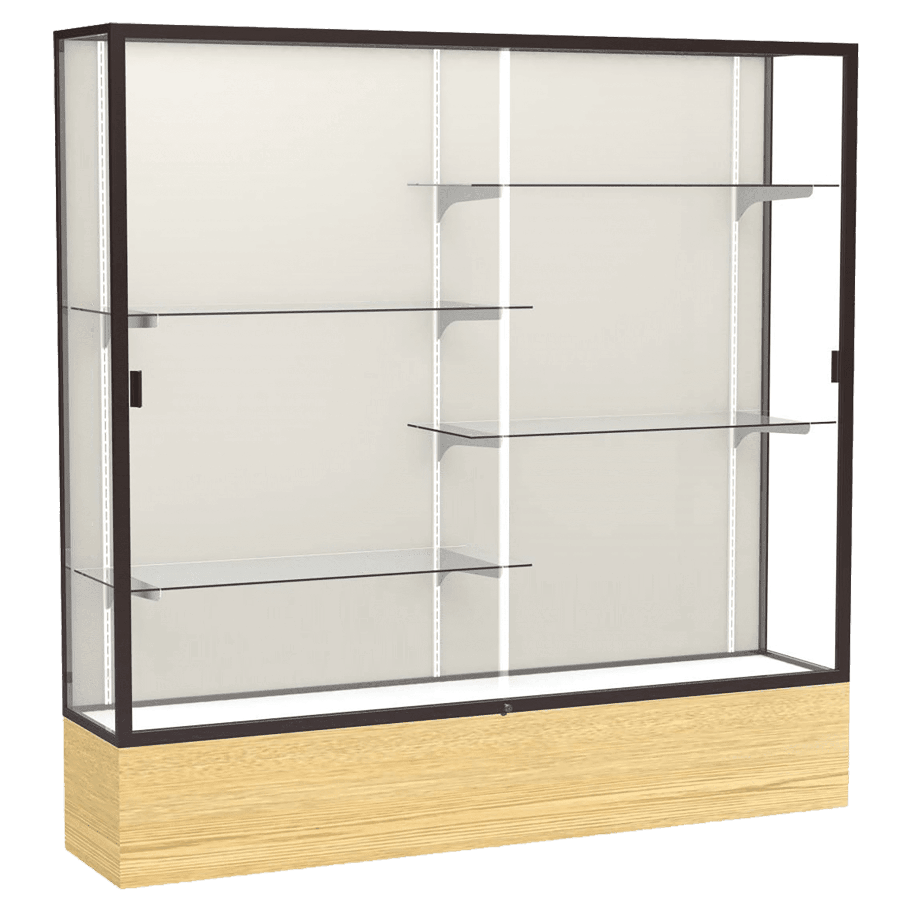 72"H x 72"W x 16"D Light Oak Vinyl Finish, Plaque Fabric Back, Dark Bronze Aluminum Frame, Reliant Display Case