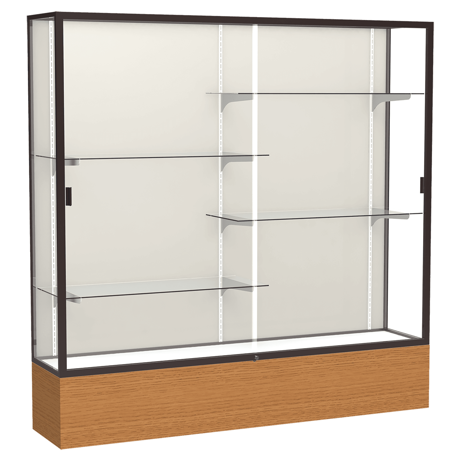 72"H x 72"W x 16"D Carmel Oak Finish, Plaque Fabric Back, Dark Bronze Aluminum Frame, Reliant Display Case