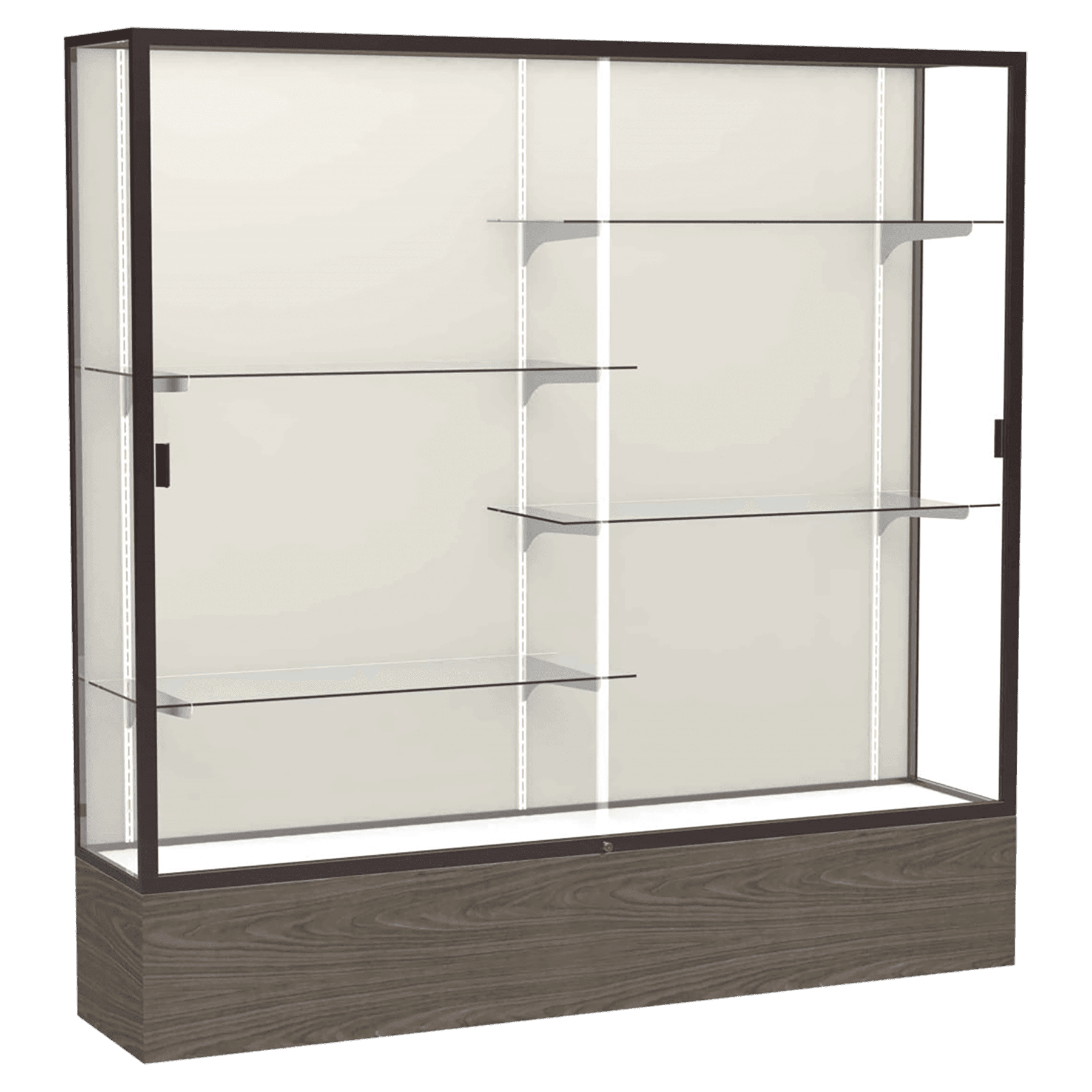 72"H x 72"W x 16"D Walnut Vinyl Finish, Plaque Fabric Back, Dark Bronze Aluminum Frame, Reliant Display Case