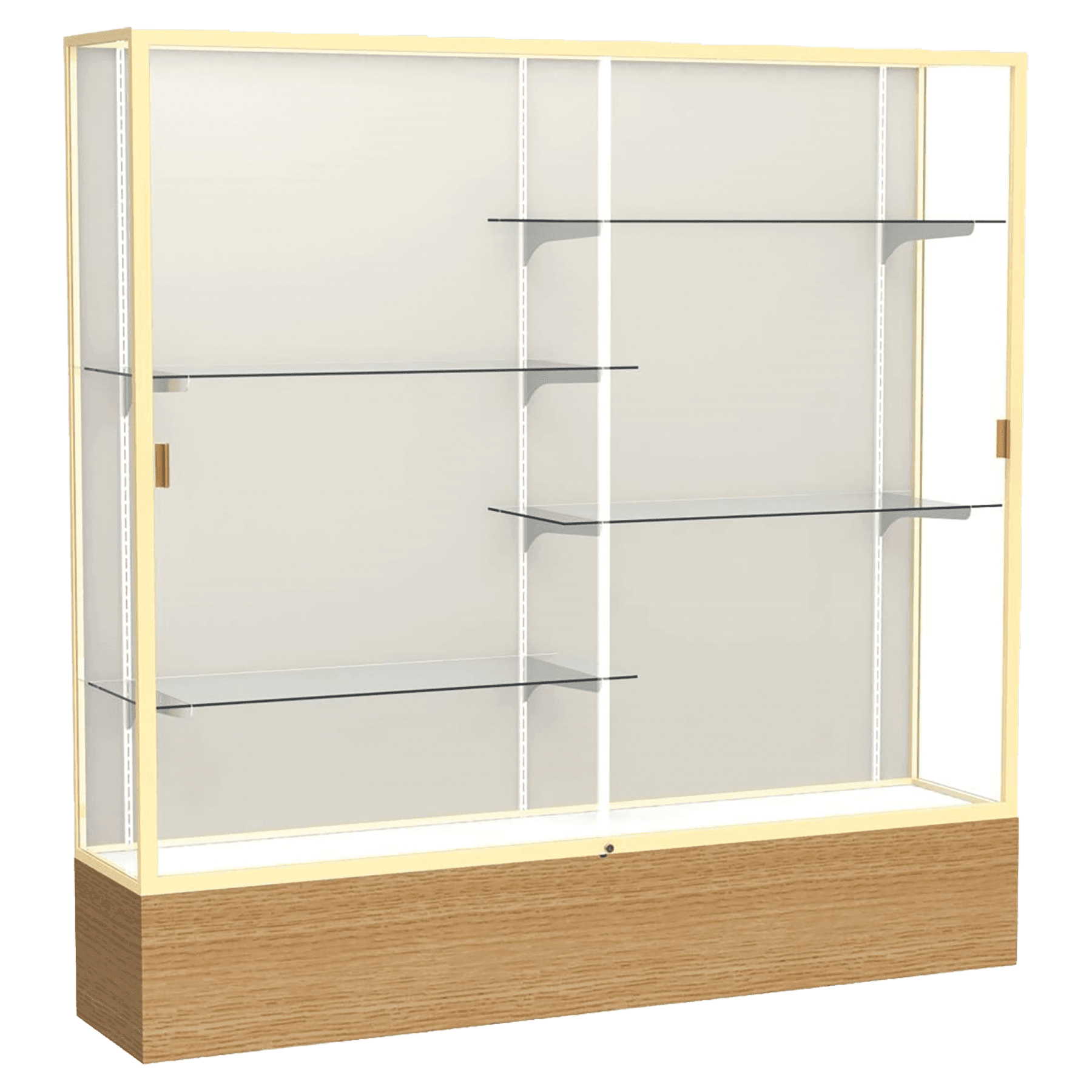 72"H x 72"W x 16"D Natural Oak Finish, Plaque Fabric Back, Champagne Aluminum Frame, Reliant Display Case