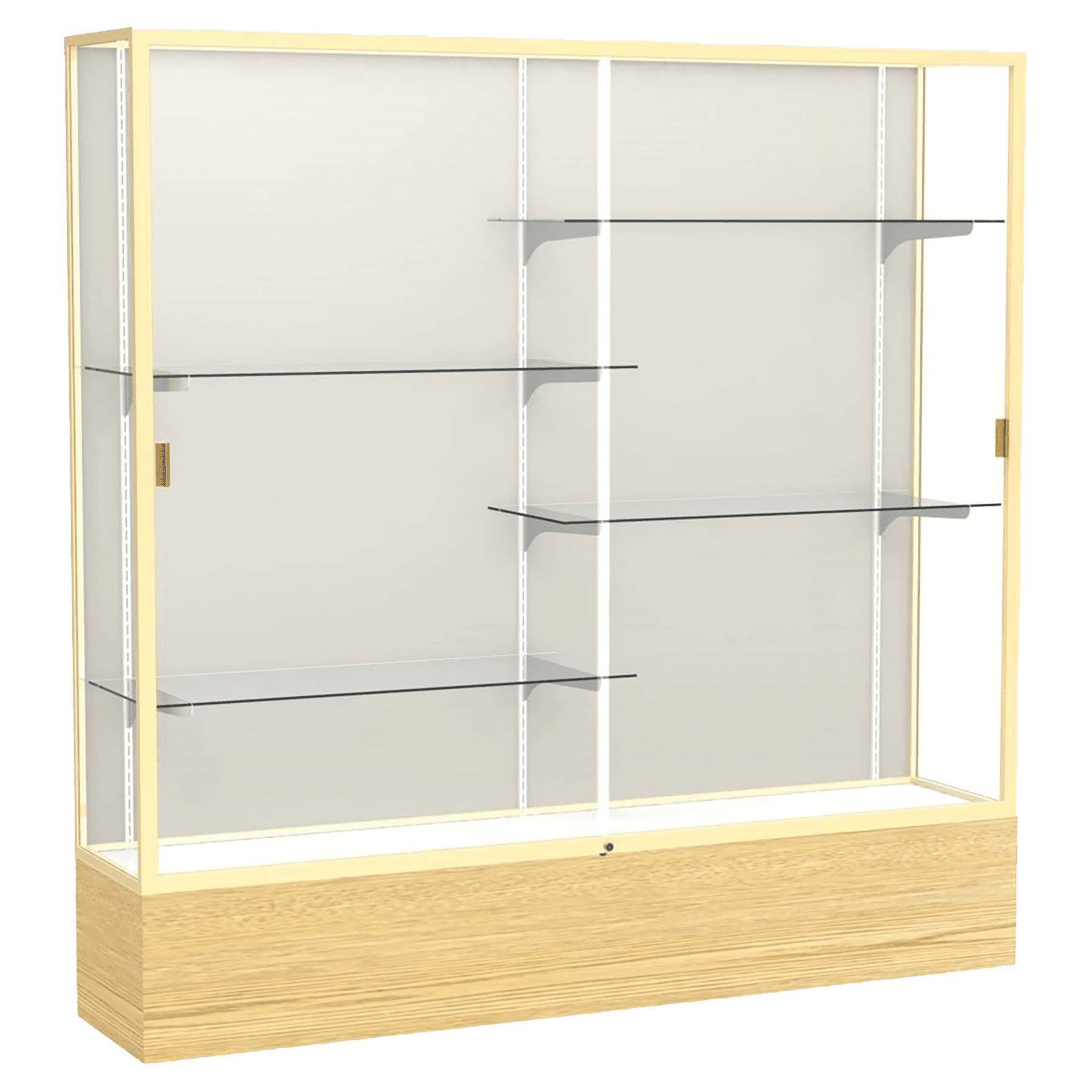 72"H x 72"W x 16"D Light Oak Vinyl Finish, Plaque Fabric Back, Champagne Aluminum Frame, Reliant Display Case