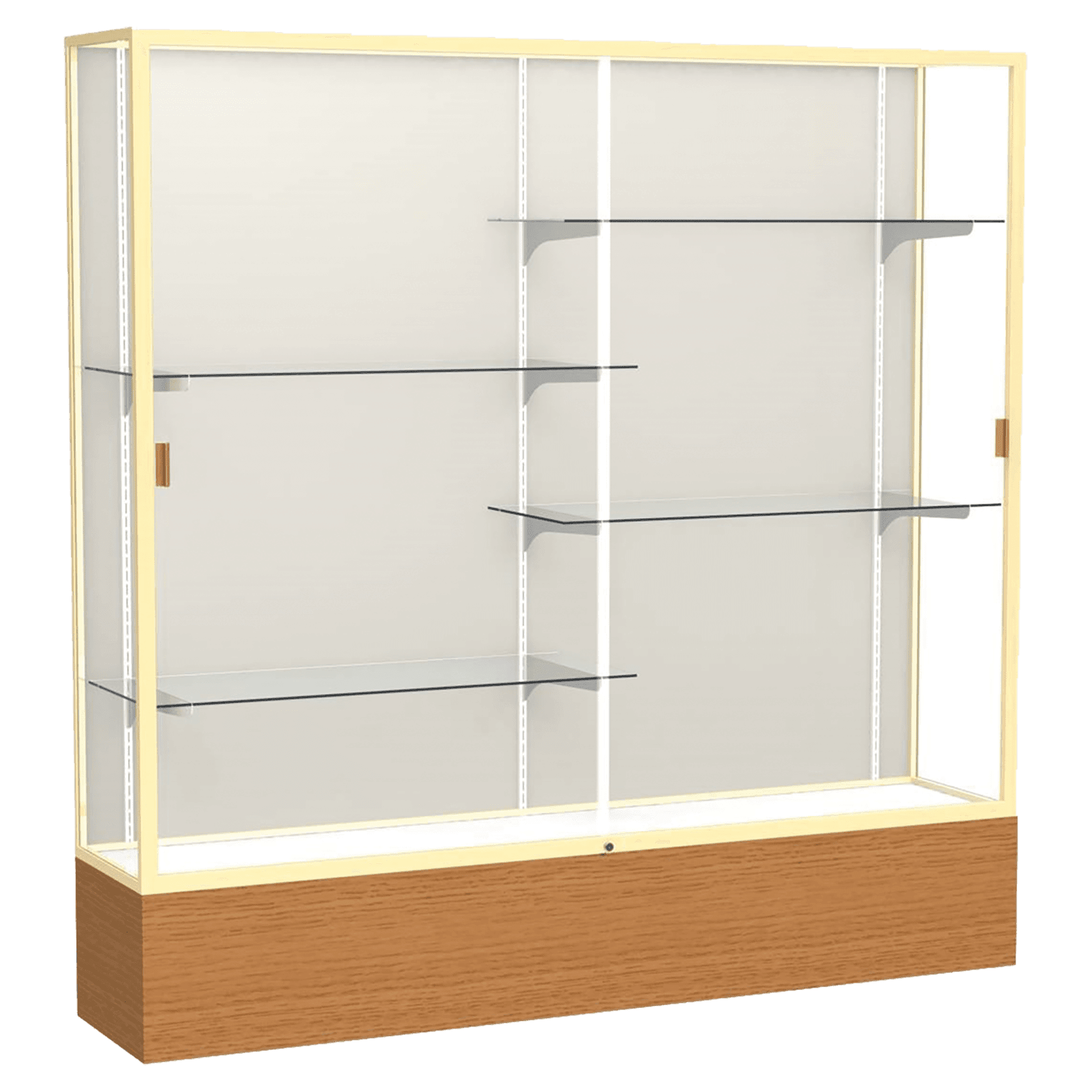 72"H x 72"W x 16"D Carmel Oak Finish, Plaque Fabric Back, Champagne Aluminum Frame, Reliant Display Case