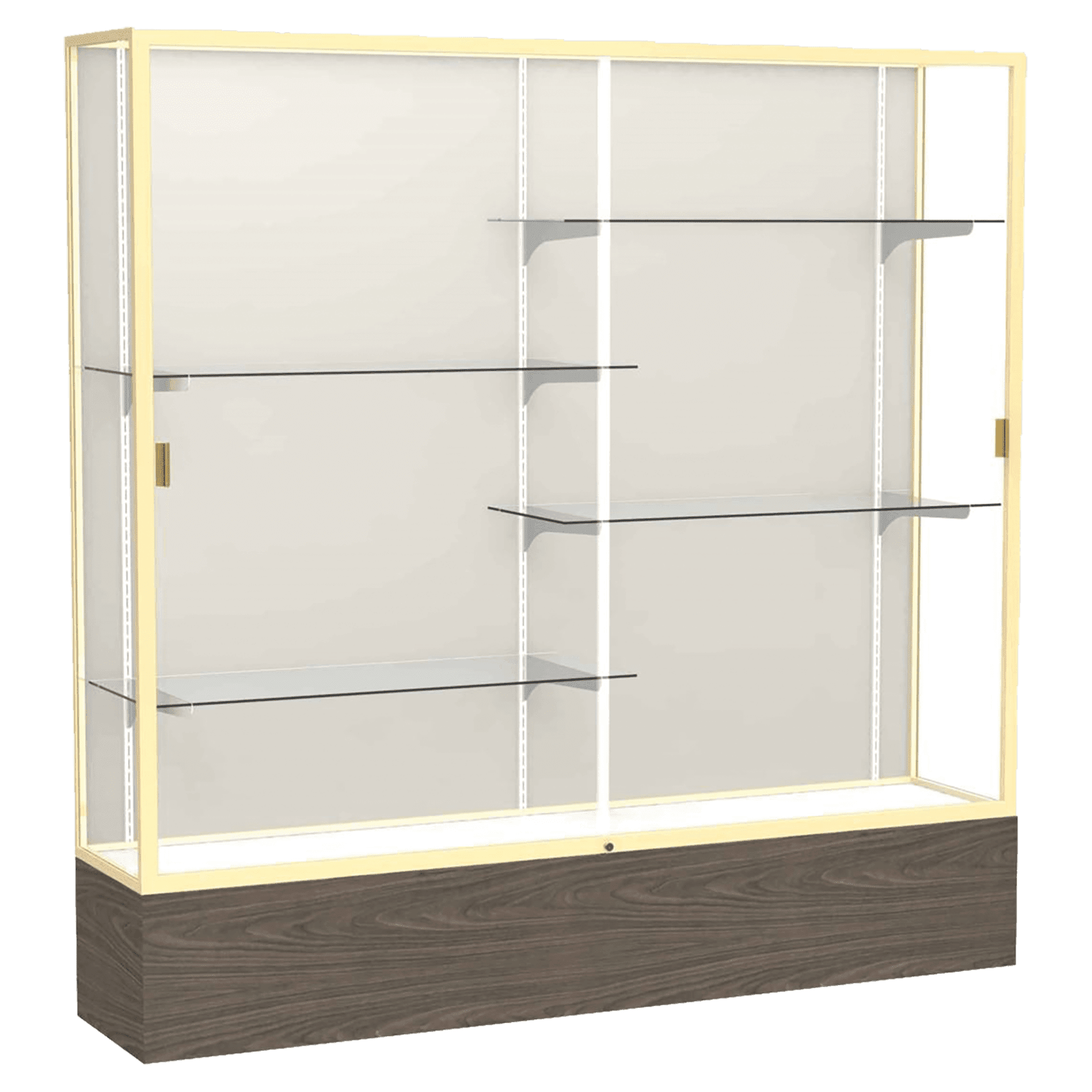 72"H x 72"W x 16"D Walnut Vinyl Finish, Plaque Fabric Back, Champagne Aluminum Frame, Reliant Display Case