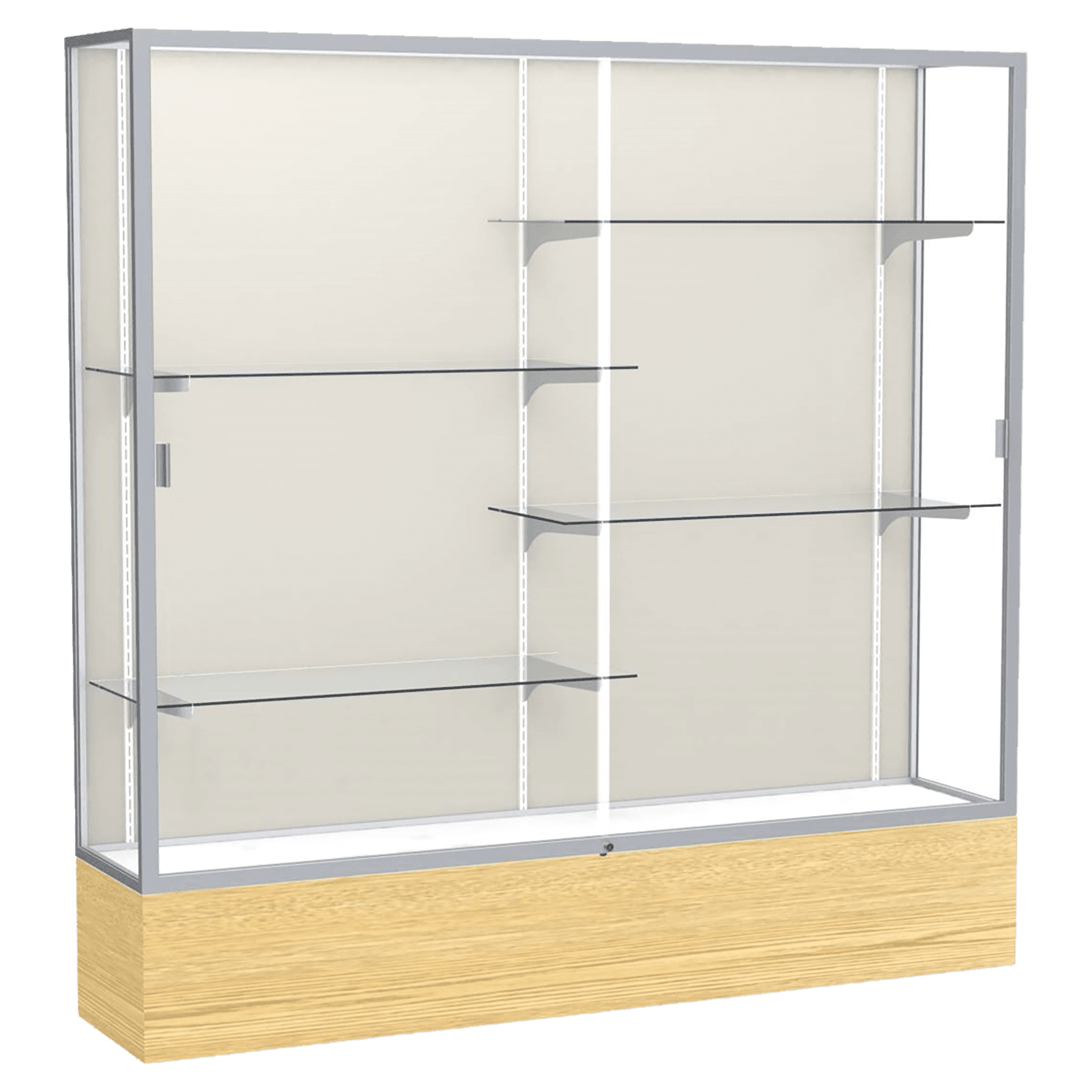 72"H x 72"W x 16"D Light Oak Vinyl Finish, Plaque Fabric Back, Satin Natural Aluminum Frame, Reliant Display Case