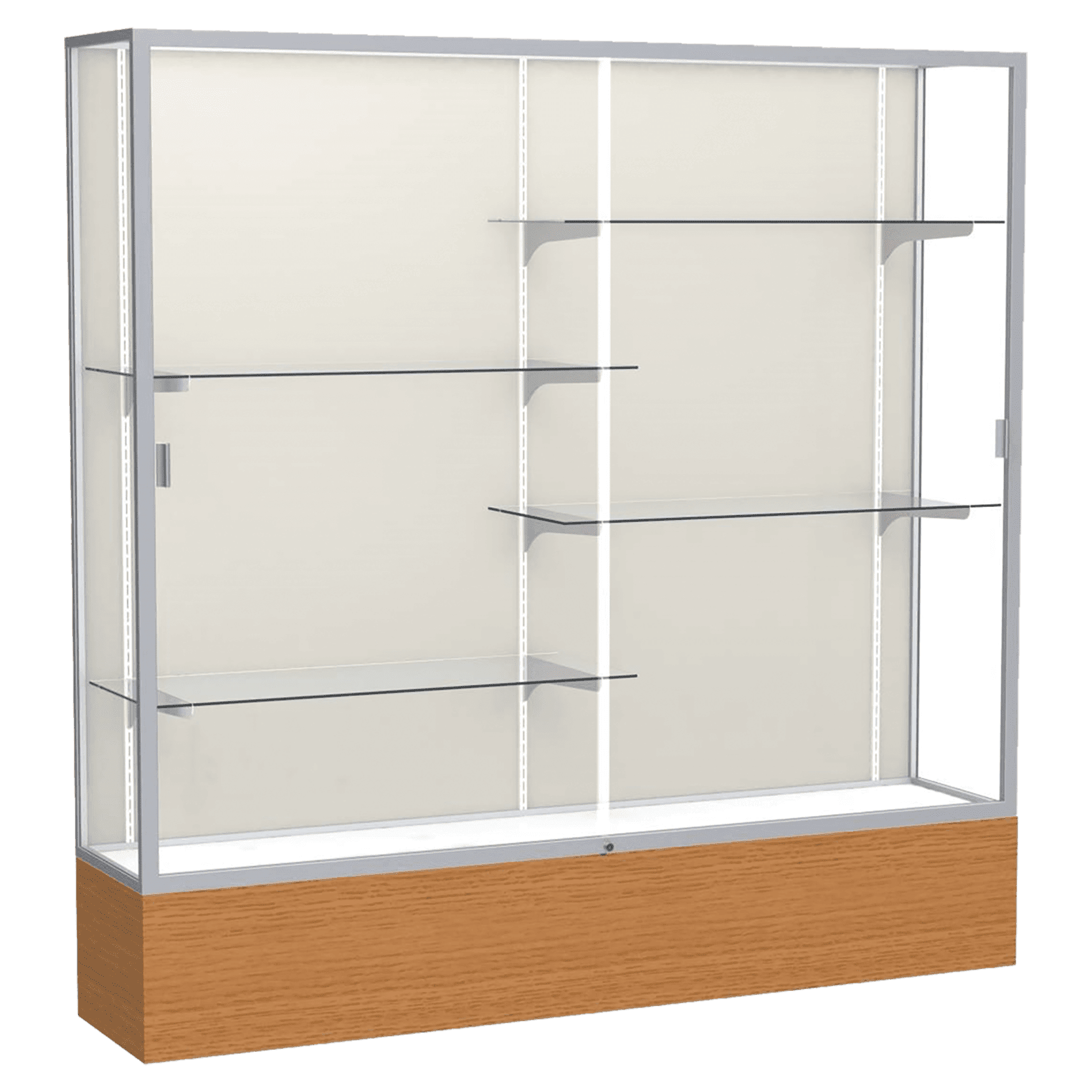 72"H x 72"W x 16"D Carmel Oak Finish, Plaque Fabric Back, Satin Natural Aluminum Frame, Reliant Display Case