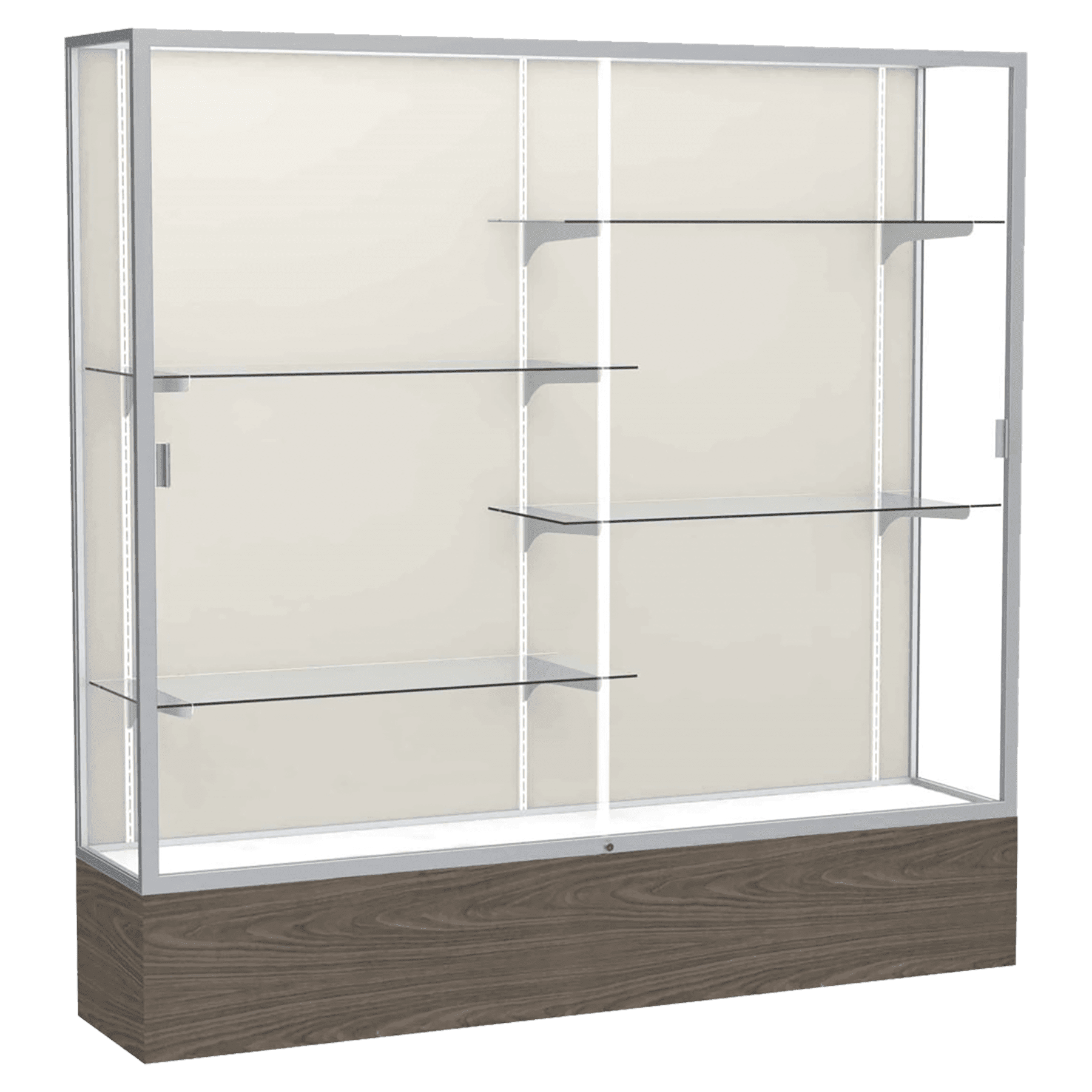 72"H x 72"W x 16"D Walnut Vinyl Finish, Plaque Fabric Back, Satin Natural Aluminum Frame, Reliant Display Case