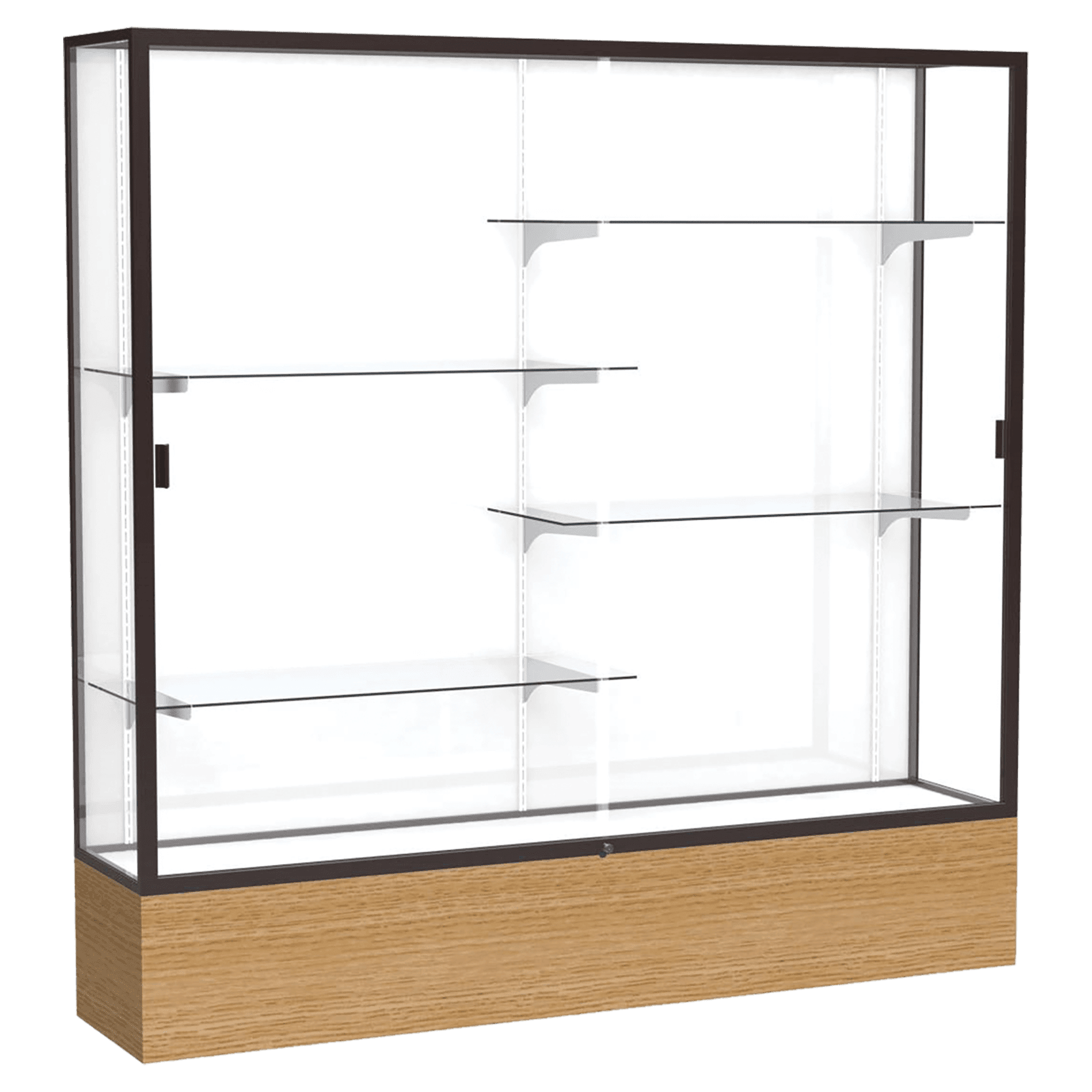 72"H x 72"W x 16"D Natural Oak Finish, White Laminate Back, Dark Bronze Aluminum Frame, Reliant Display Case