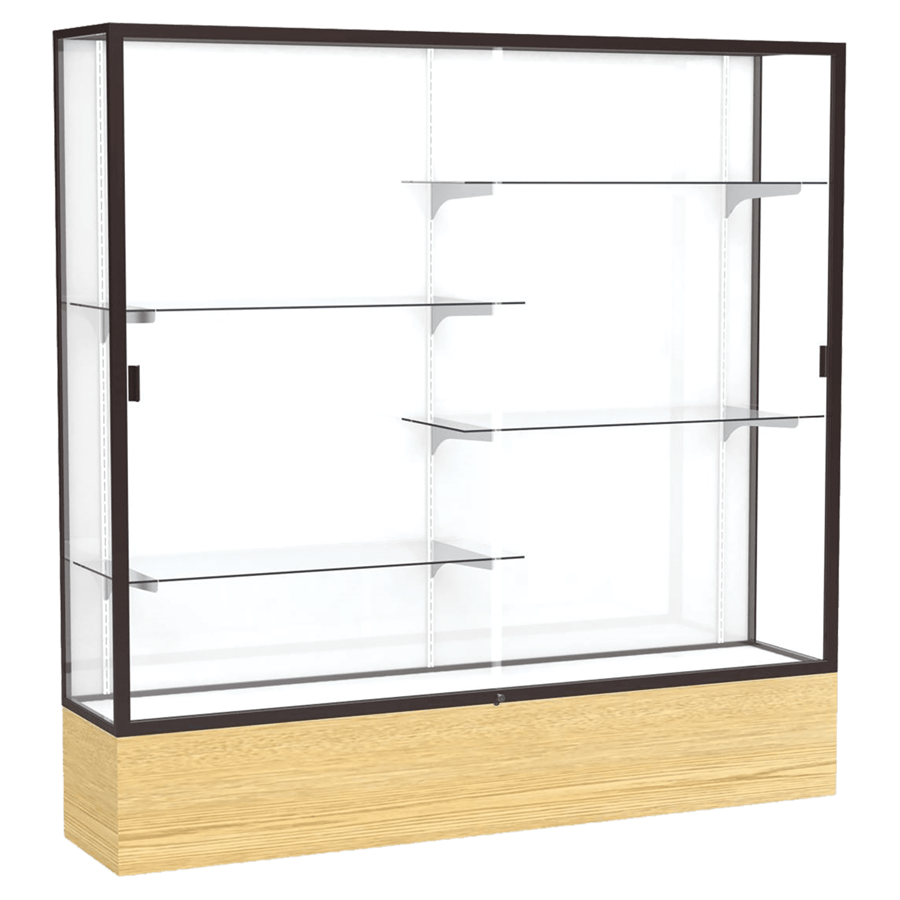 72"H x 72"W x 16"D Light Oak Vinyl Finish, White Laminate Back, Dark Bronze Aluminum Frame, Reliant Display Case