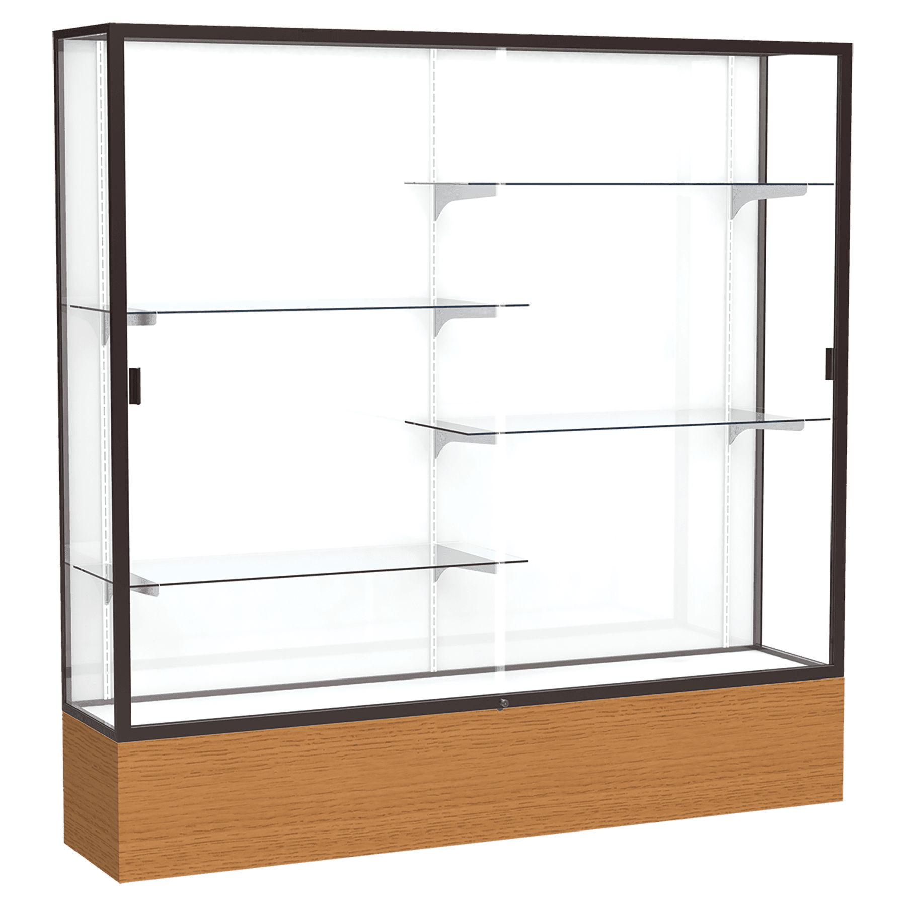 72"H x 72"W x 16"D Carmel Oak Finish, White Laminate Back, Dark Bronze Aluminum Frame, Reliant Display Case