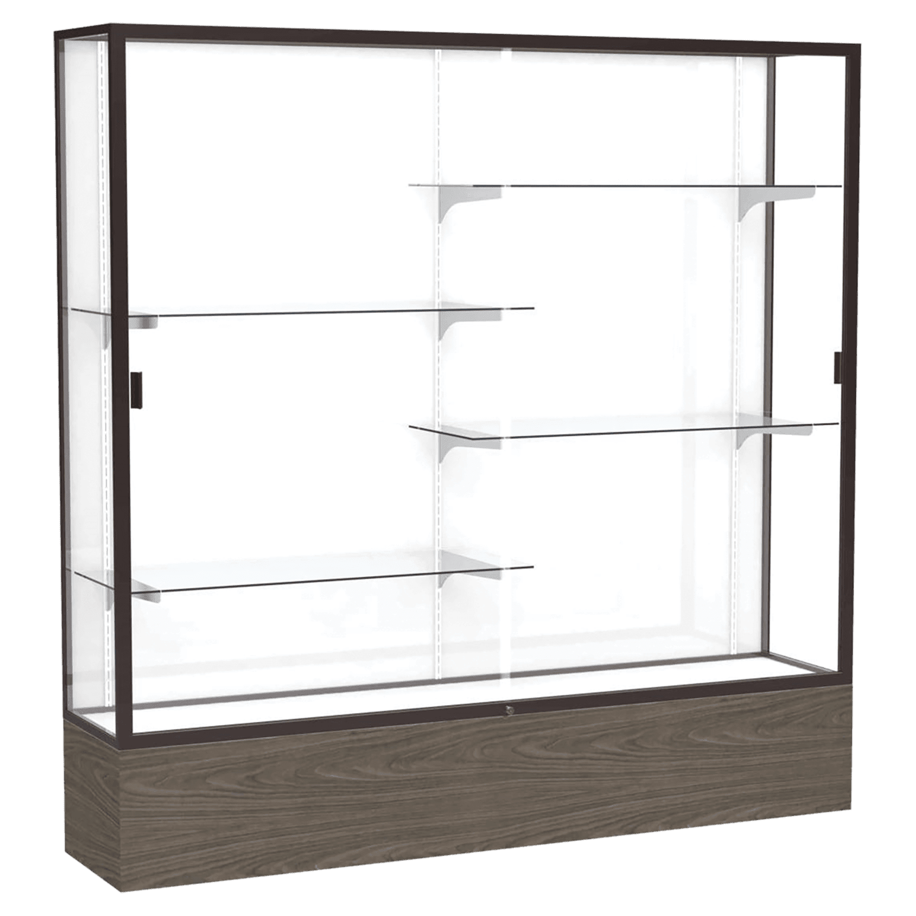 72"H x 72"W x 16"D Walnut Vinyl Finish, White Laminate Back, Dark Bronze Aluminum Frame, Reliant Display Case