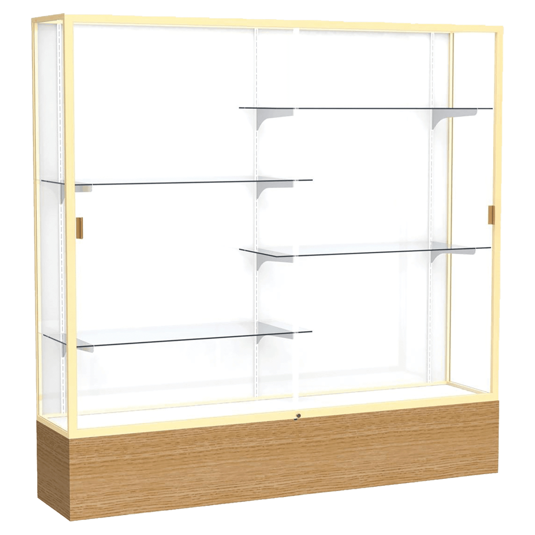 72"H x 72"W x 16"D Natural Oak Finish, White Laminate Back, Champagne Aluminum Frame, Reliant Display Case