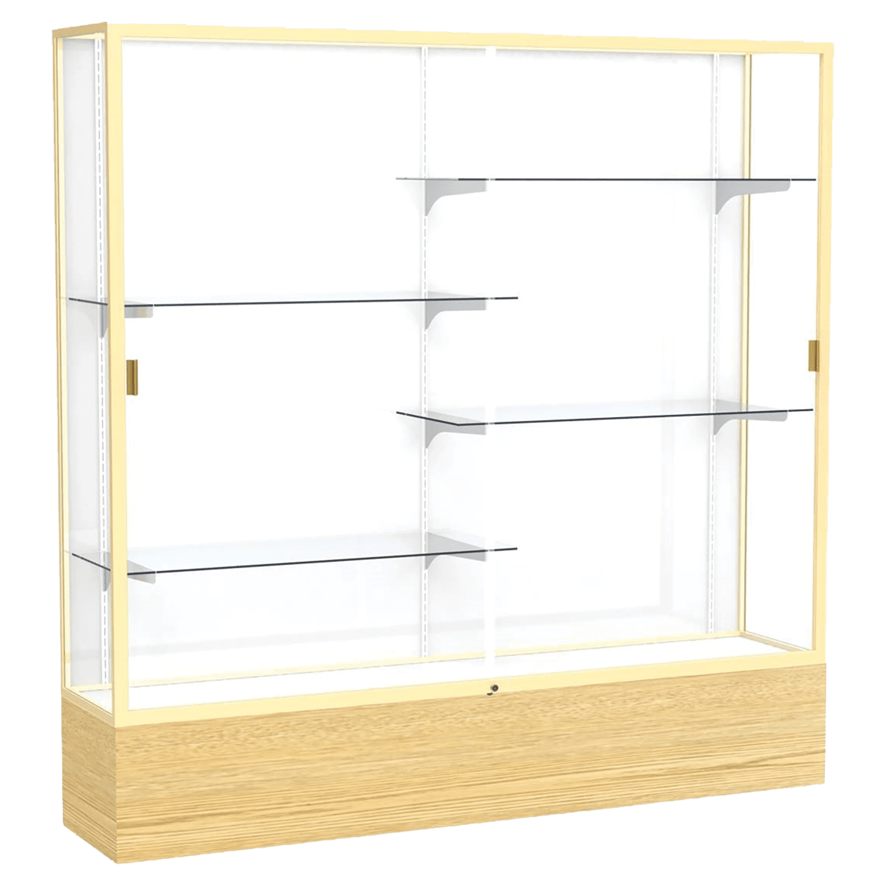 72"H x 72"W x 16"D Light Oak Vinyl Finish, White Laminate Back, Champagne Aluminum Frame, Reliant Display Case