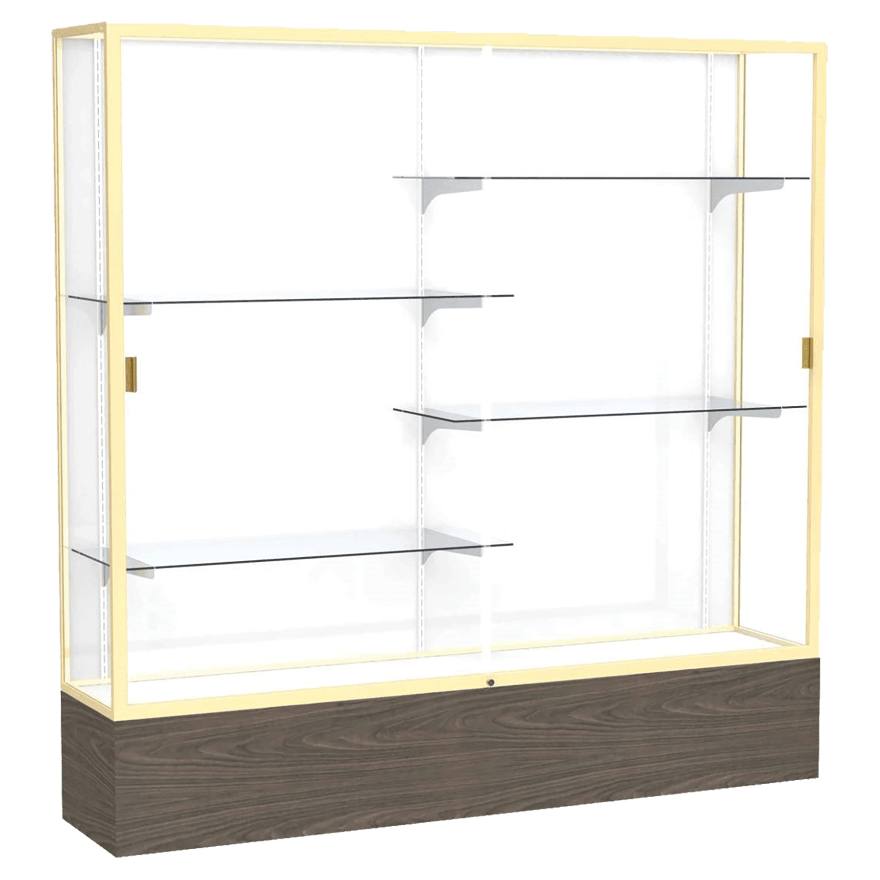 72"H x 72"W x 16"D Walnut Vinyl Finish, White Laminate Back, Champagne Aluminum Frame, Reliant Display Case