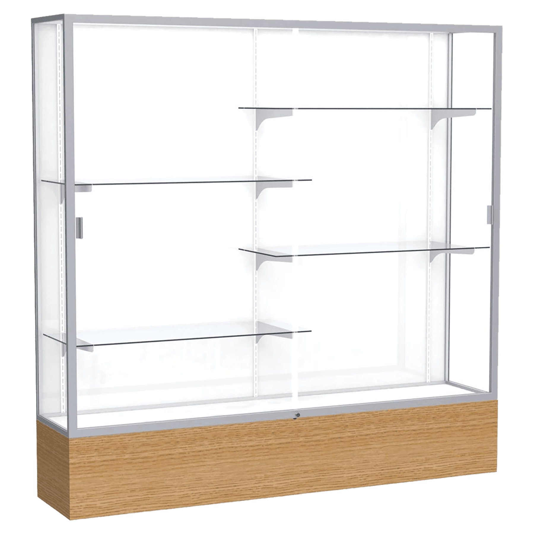 72"H x 72"W x 16"D Natural Oak Finish, White Laminate Back, Satin Natural Aluminum Frame, Reliant Display Case