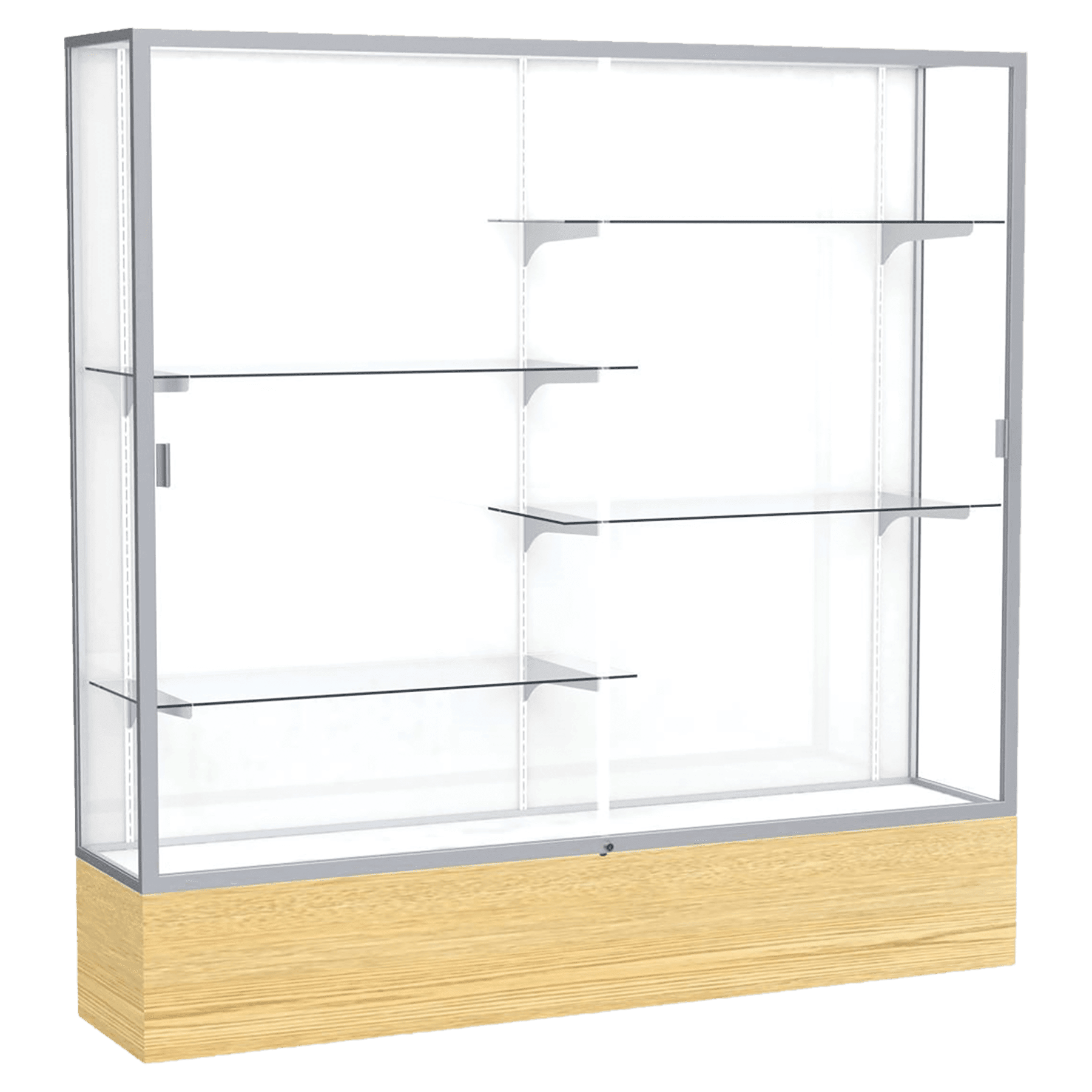72"H x 72"W x 16"D Light Oak Vinyl Finish, White Laminate Back, Satin Natural Aluminum Frame, Reliant Display Case