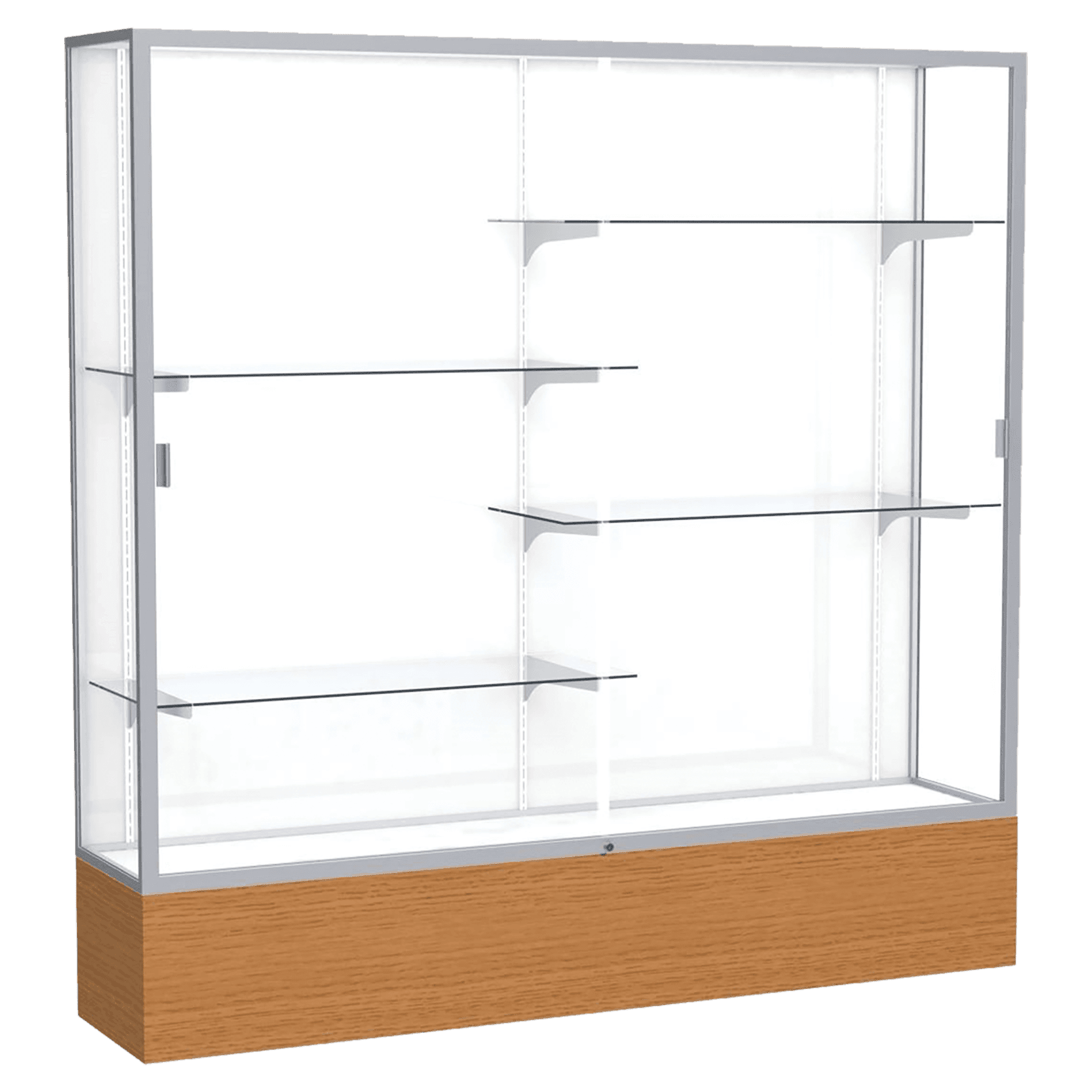 72"H x 72"W x 16"D Carmel Oak Finish, White Laminate Back, Satin Natural Aluminum Frame, Reliant Display Case