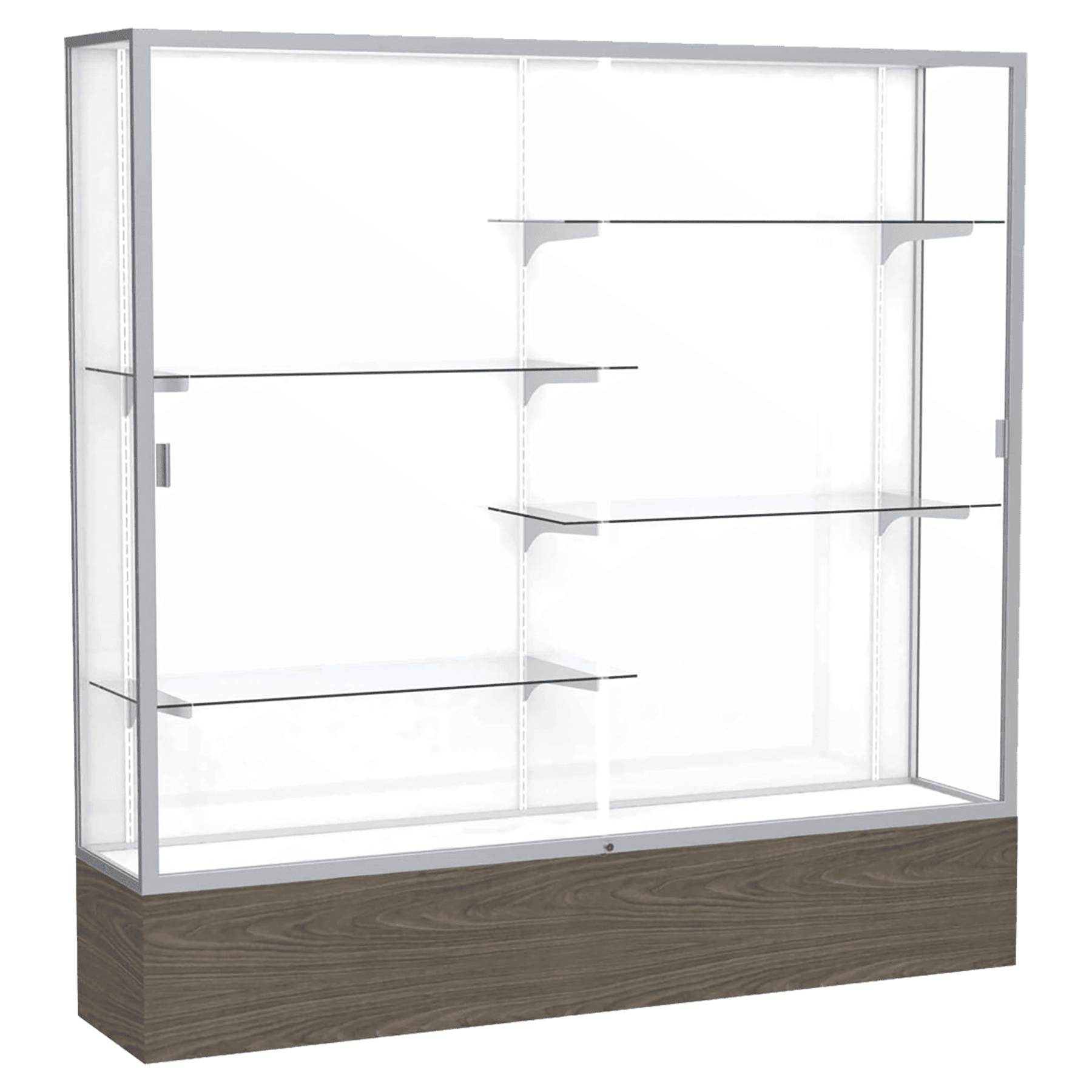 72"H x 72"W x 16"D Walnut Vinyl Finish, White Laminate Back, Satin Natural Aluminum Frame, Reliant Display Case