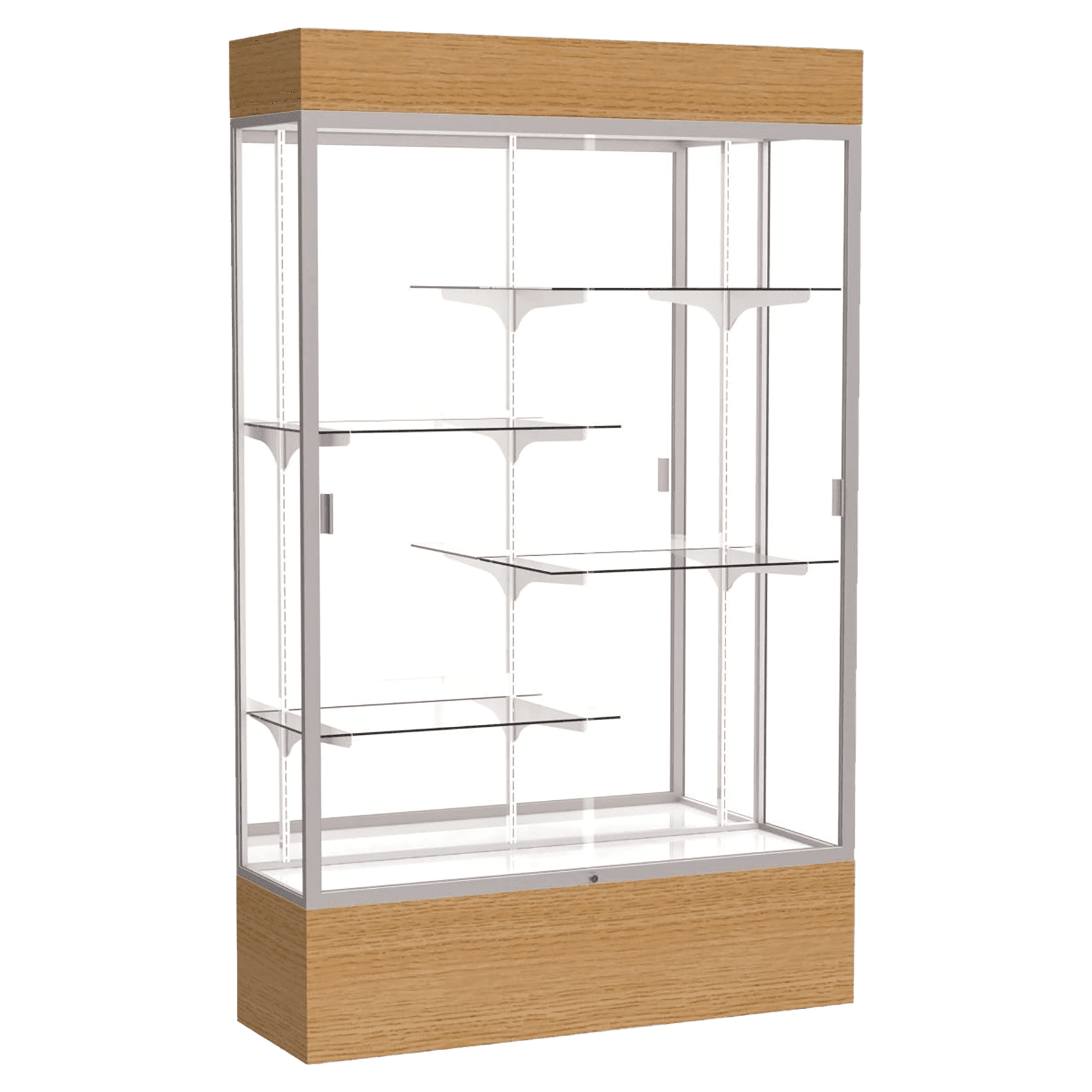 80"H x 48"W x 16"D Natural Oak Finish, Mirror Back, Satin Natural Aluminum Frame, Lighted, Reliant Display Case