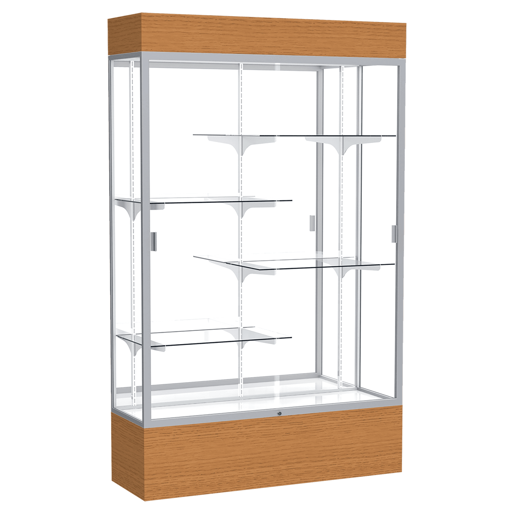 80"H x 48"W x 16"D Carmel Oak Finish, Mirror Back, Satin Natural Aluminum Frame, Lighted, Reliant Display Case