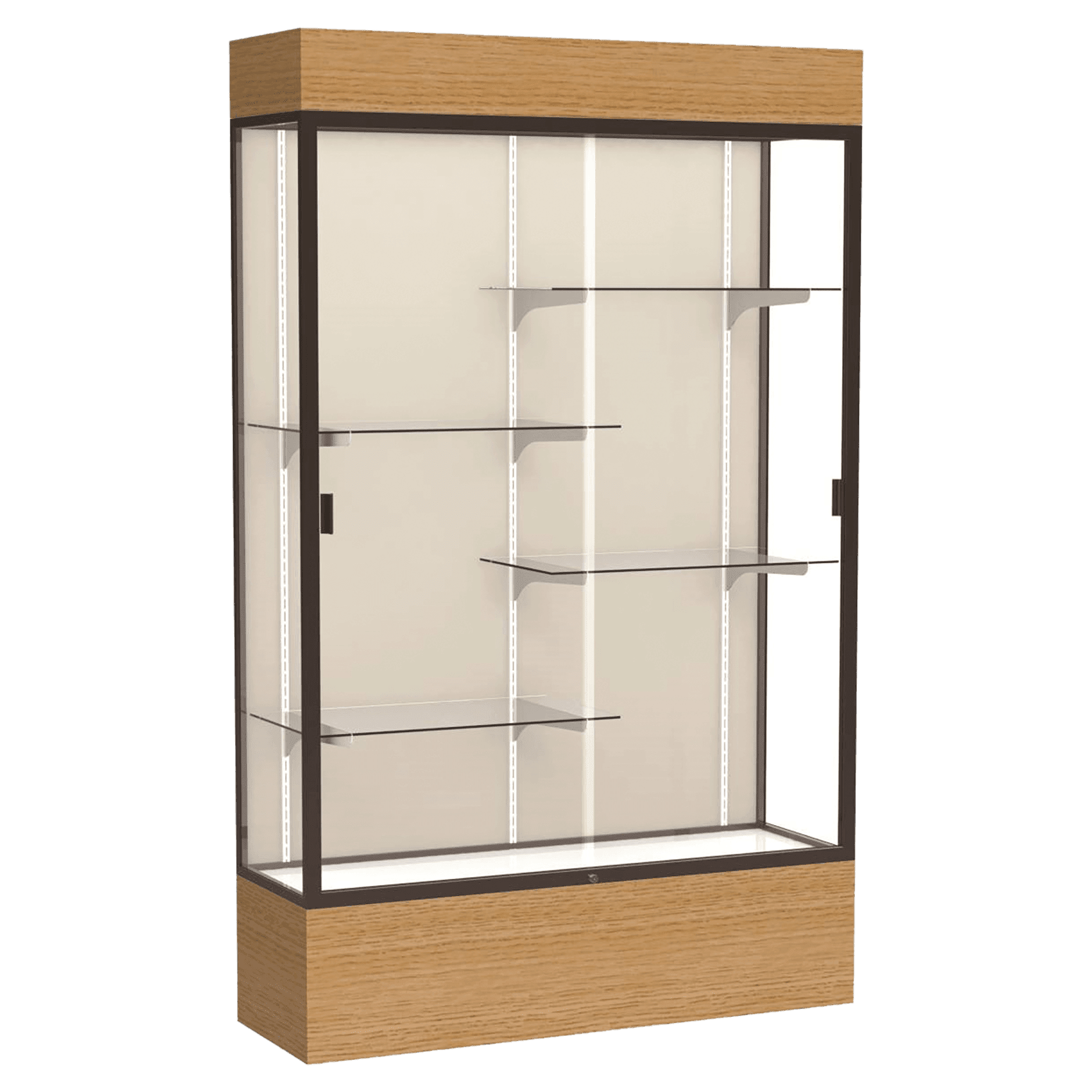 80"H x 48"W x 16"D Natural Oak Finish, Plaque Fabric Back, Dark Bronze Aluminum Frame, Lighted, Reliant Display Case