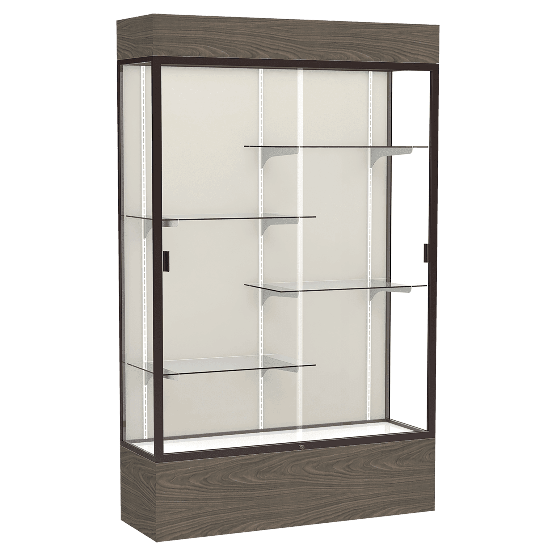 80"H x 48"W x 16"D Walnut Vinyl Finish, Plaque Fabric Back, Dark Bronze Aluminum Frame, Lighted, Reliant Display Case