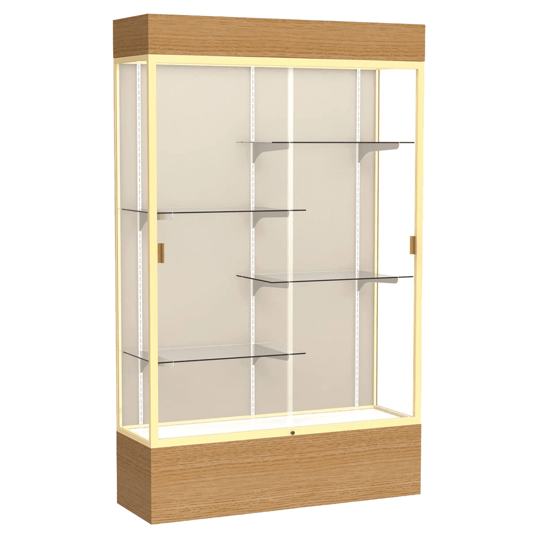 80"H x 48"W x 16"D Natural Oak Finish, Plaque Fabric Back, Champagne Aluminum Frame, Lighted, Reliant Display Case