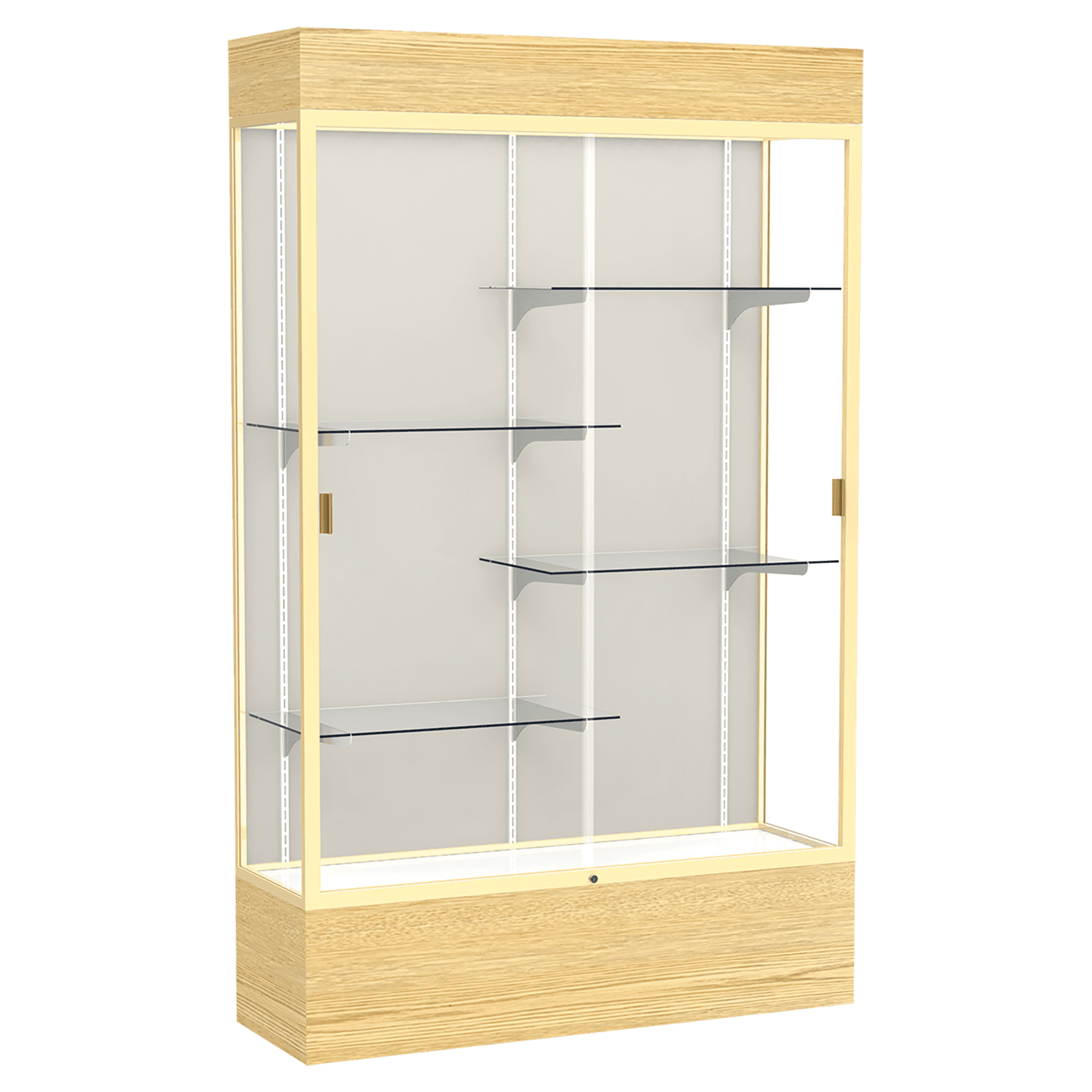 80"H x 48"W x 16"D Light Oak Vinyl Finish, Plaque Fabric Back, Champagne Aluminum Frame, Lighted, Reliant Display Case