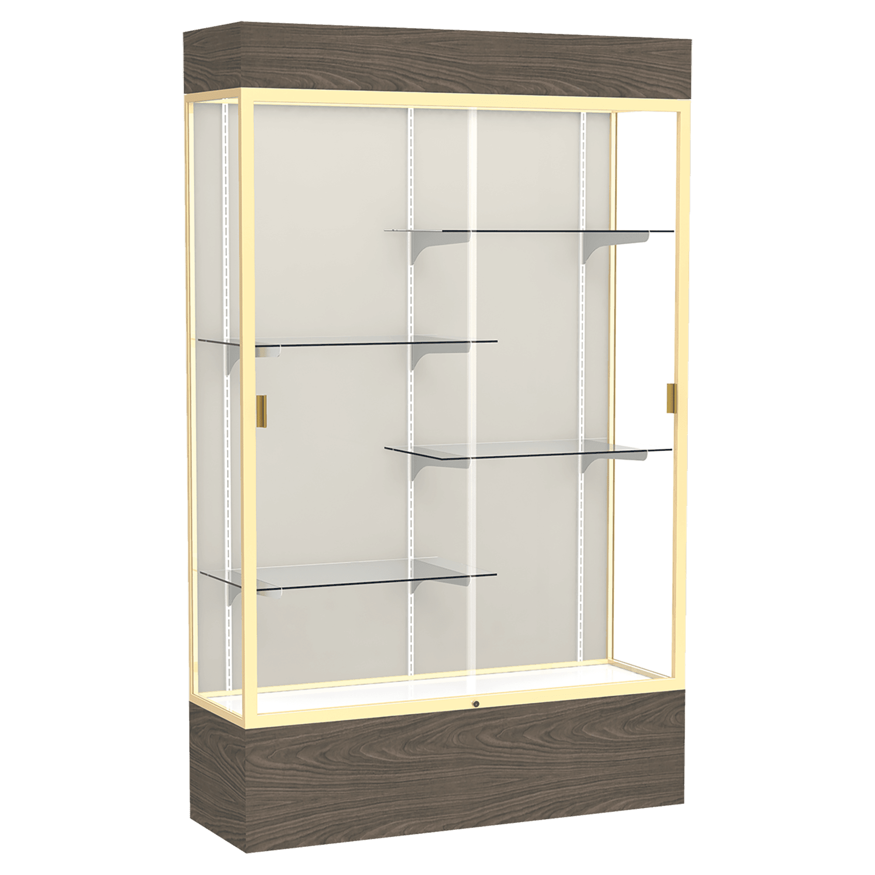 80"H x 48"W x 16"D Walnut Vinyl Finish, Plaque Fabric Back, Champagne Aluminum Frame, Lighted, Reliant Display Case